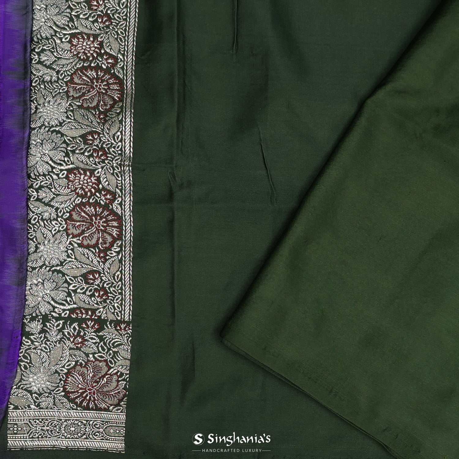 Dark Moss Green Silk Saree With Banarasi Weaving