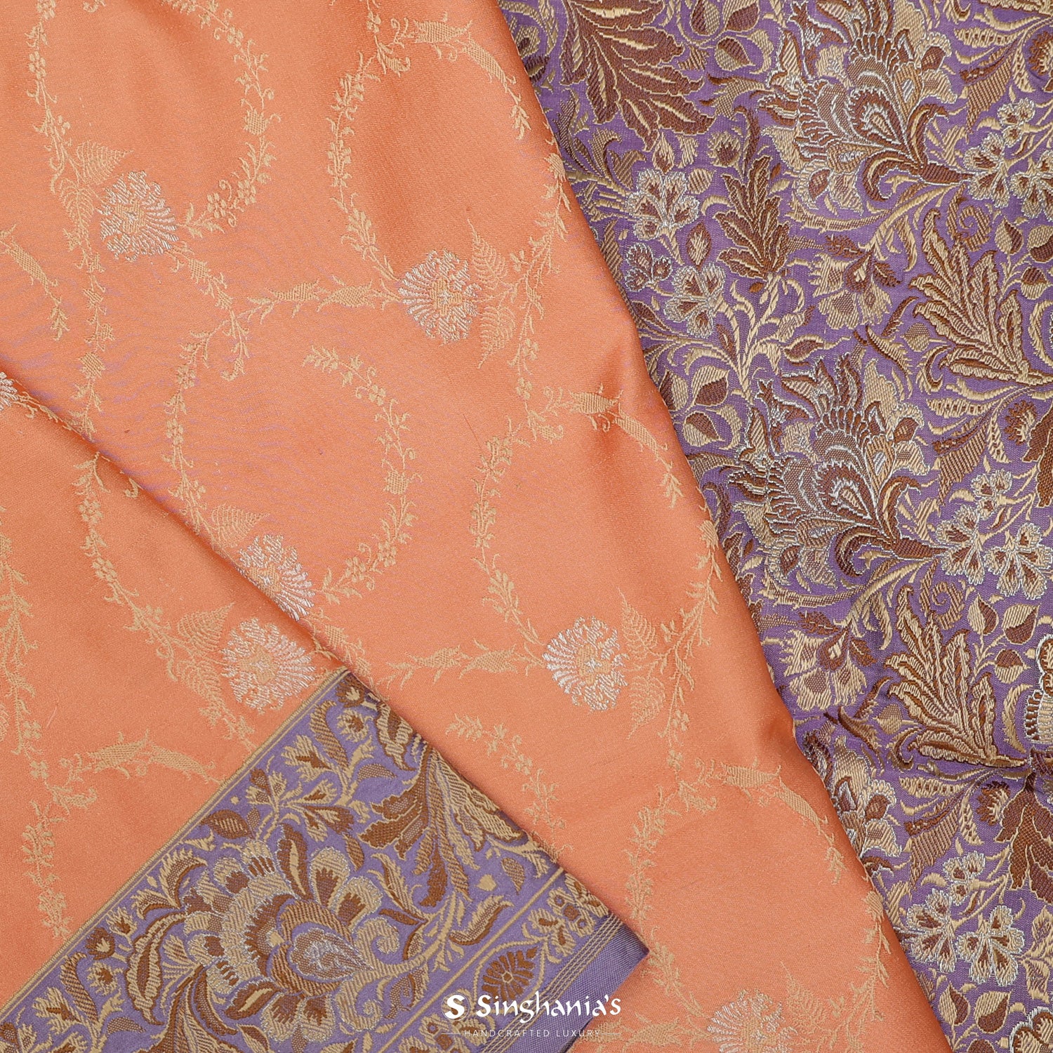 Yam Orange Silk Saree With Floral Banarasi Weaving