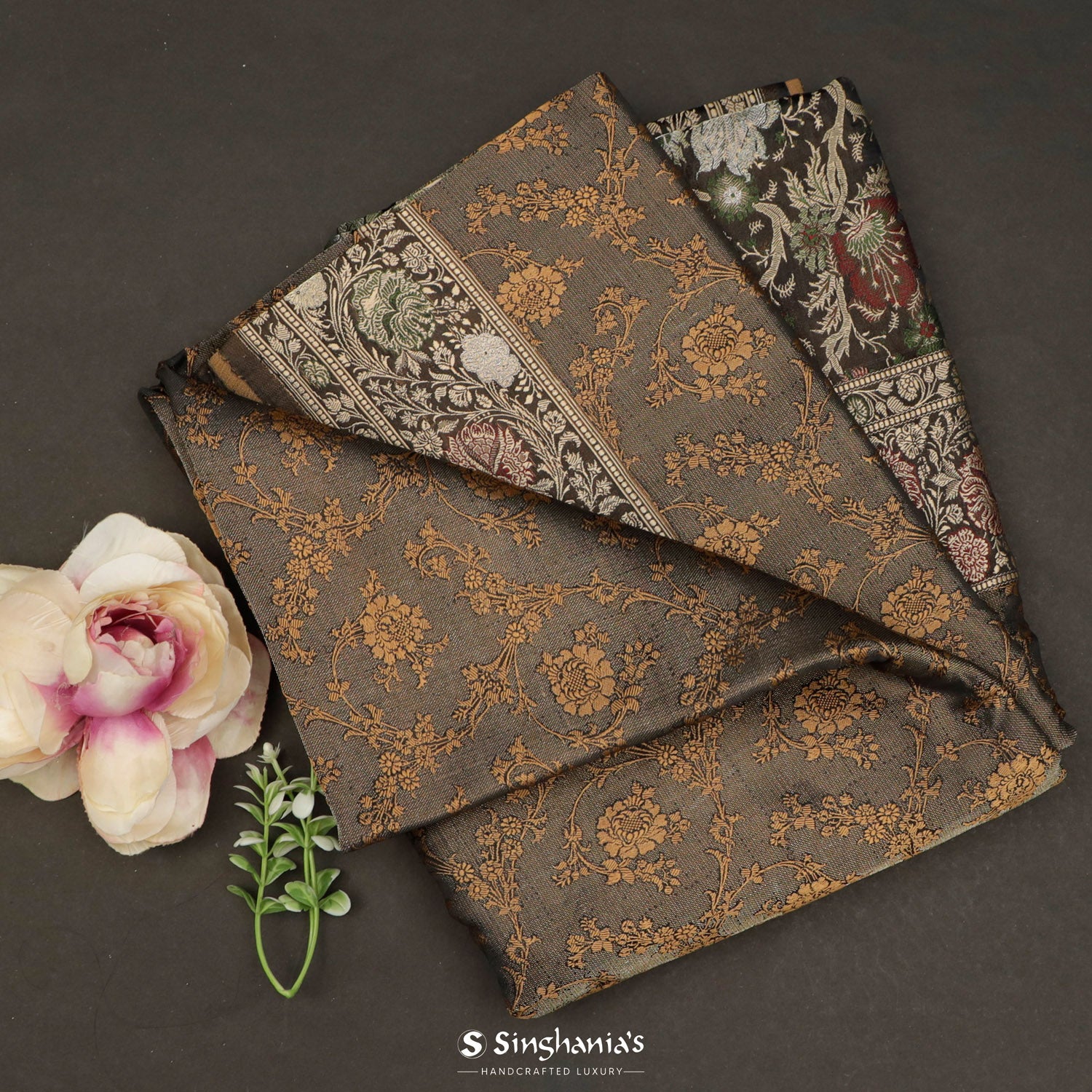 Brownish Gray Silk Saree With Banarasi Weaving