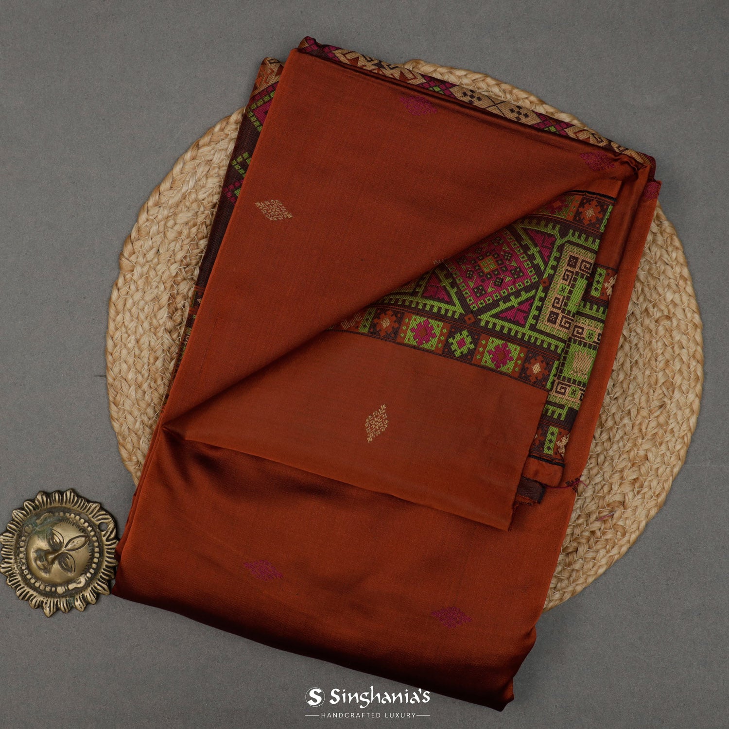 Burnt Henna Brown Banarasi Silk Saree With Floral Butti Pattern