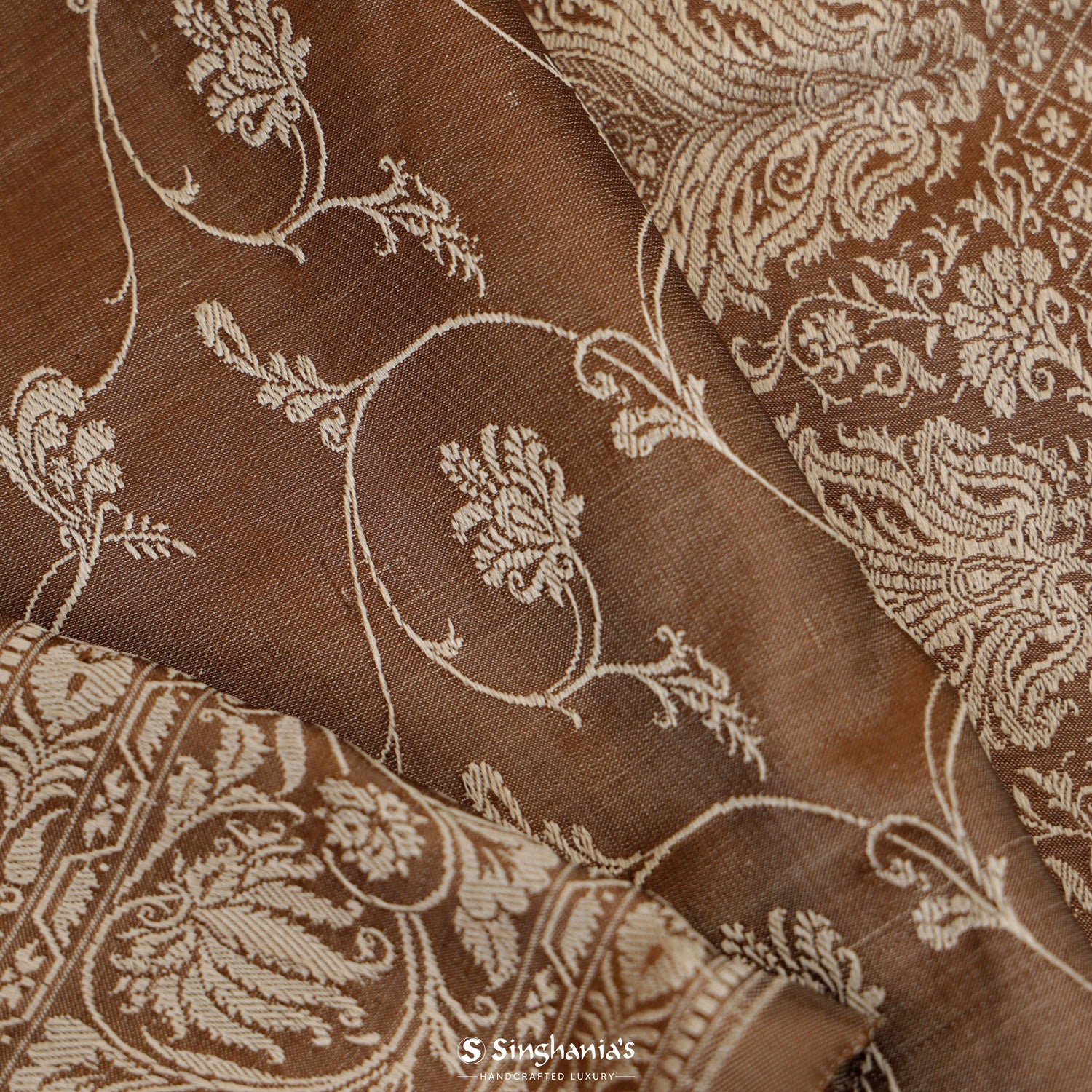 Dark Wood Silk Saree With Banarasi Weaving