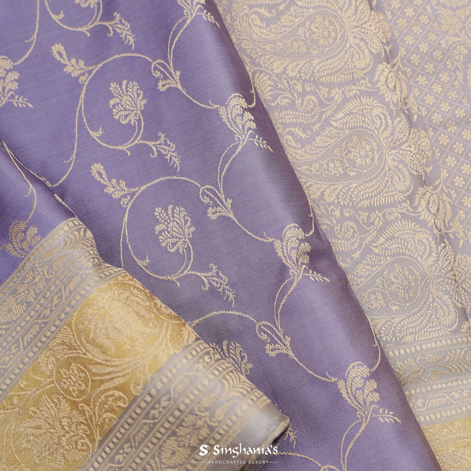Pastel Lavender Banarasi Silk Saree With Floral Jaal Pattern