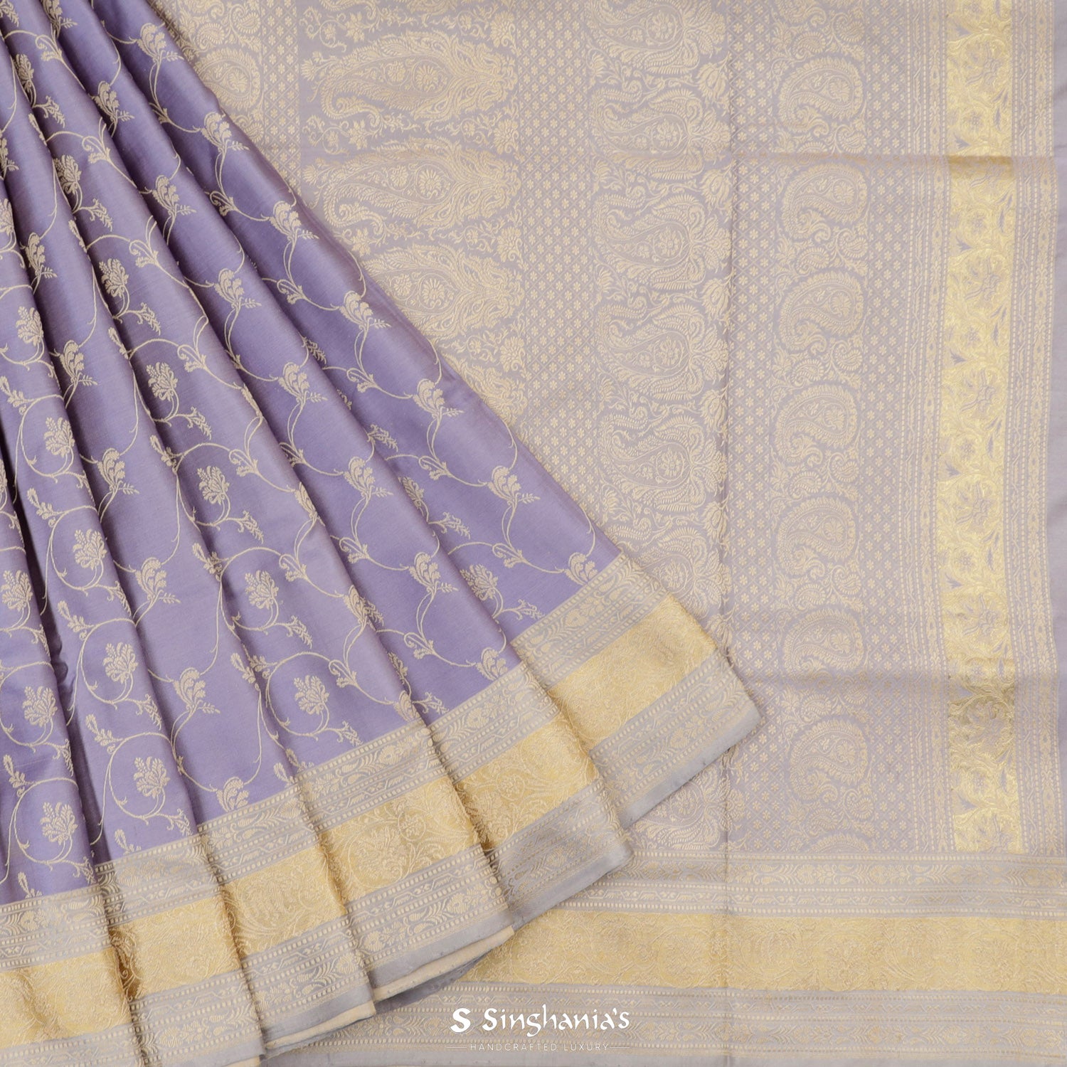 Pastel Lavender Banarasi Silk Saree With Floral Jaal Pattern