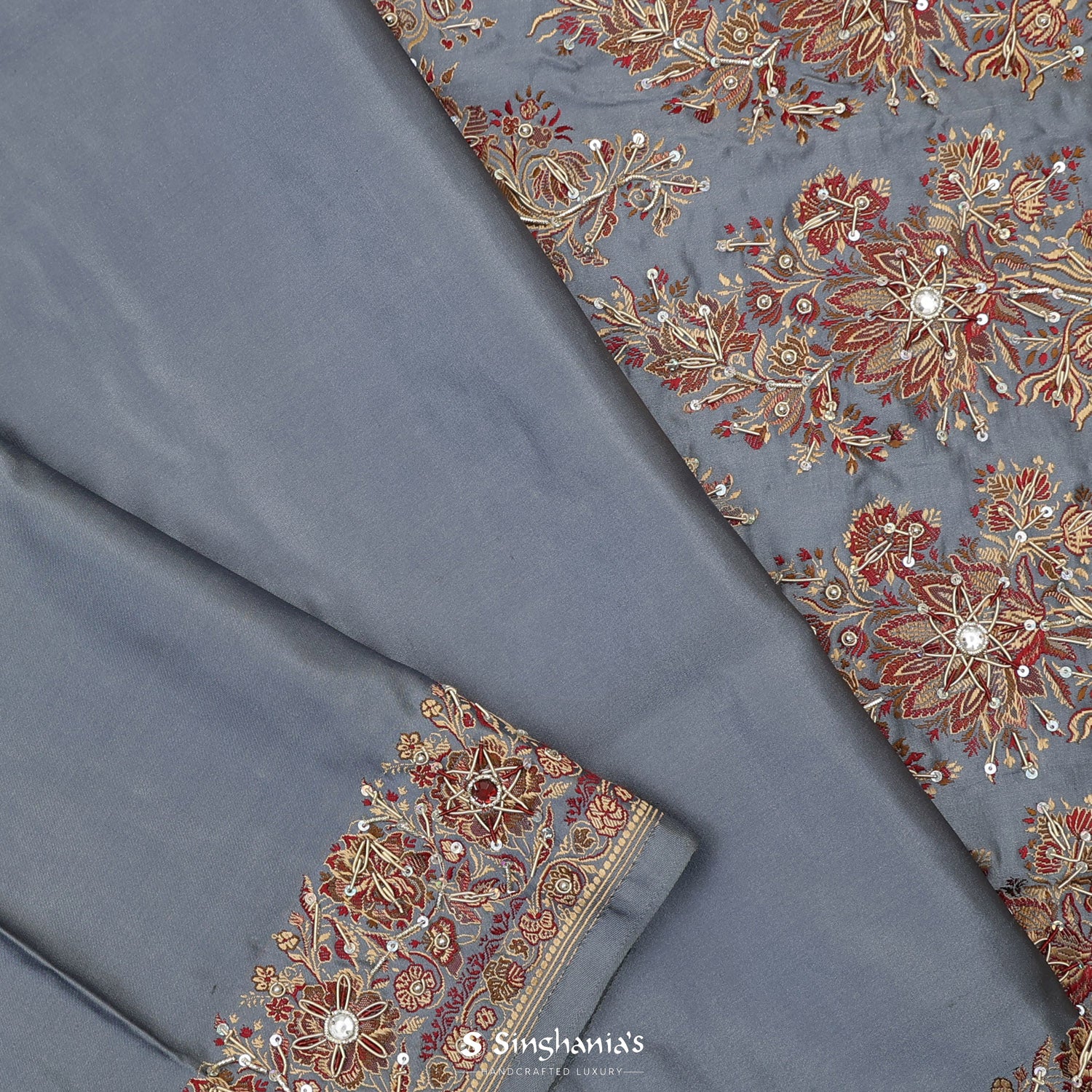 Blue-Gray Plain Silk Saree With Banarasi Weaving