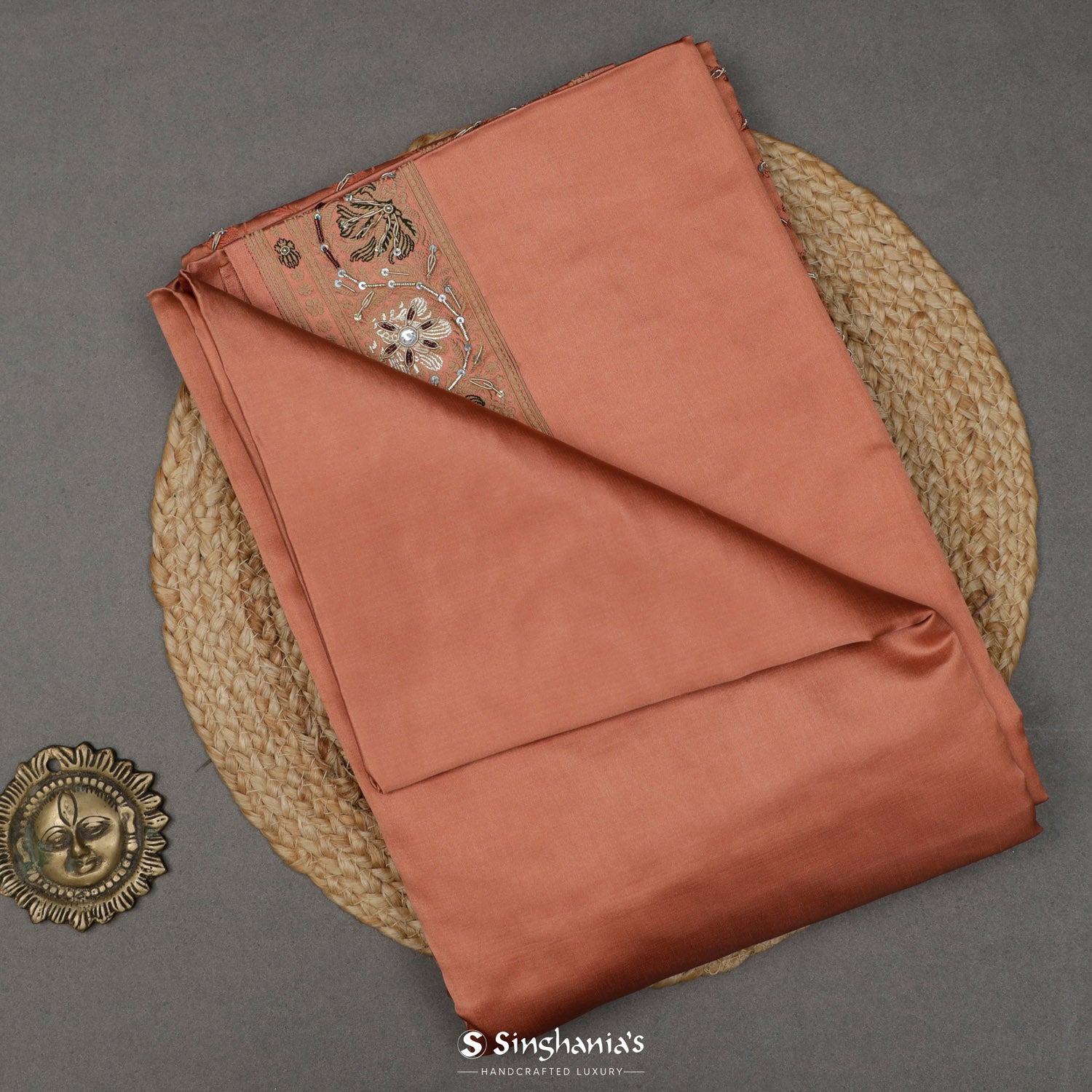 Salmon Orange Plain Banarasi Silk Saree With Embroidery Border