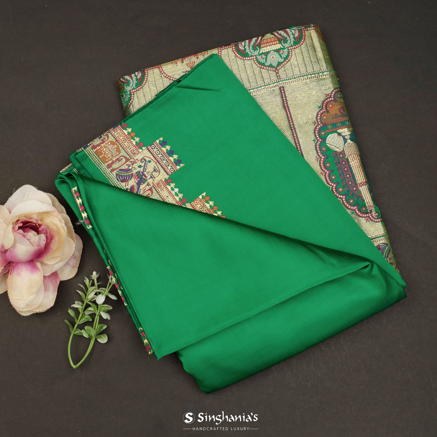 Cadmium Green Plain Silk Saree With Banarasi Weaving