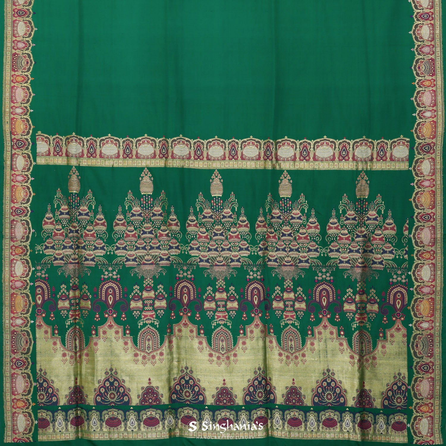 Kaitoke Green Plain Silk Saree With Banarasi Weaving
