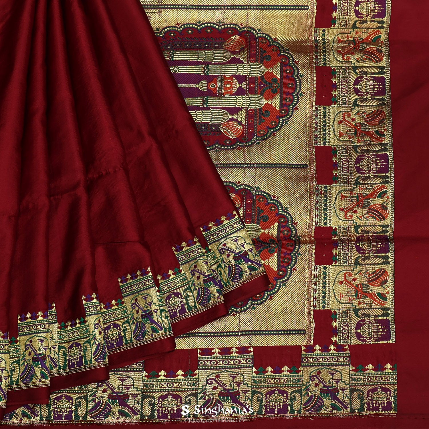 Maroon Plain Silk Saree With Banarasi Weaving