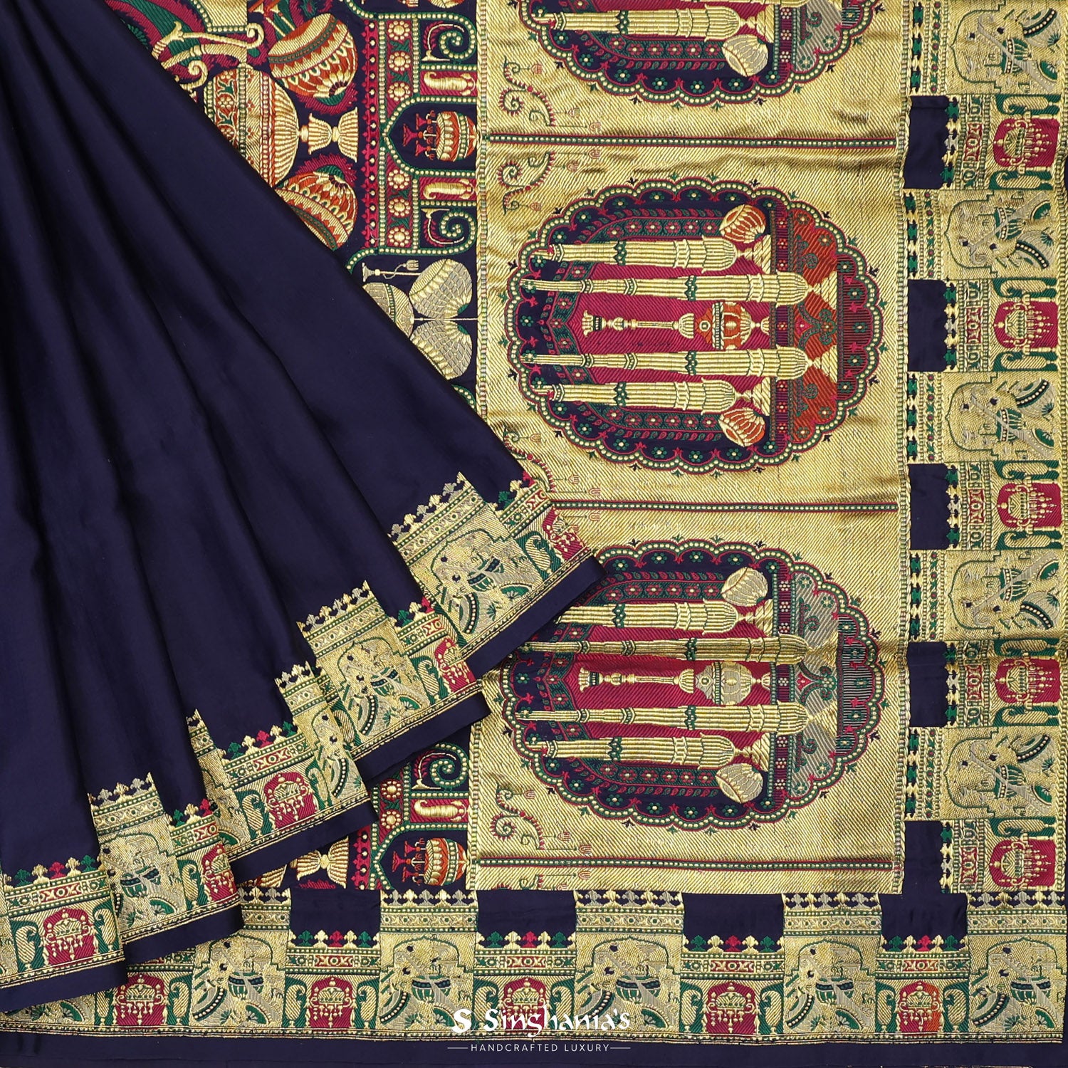Indigo Plain Silk Saree With Banarasi Weaving