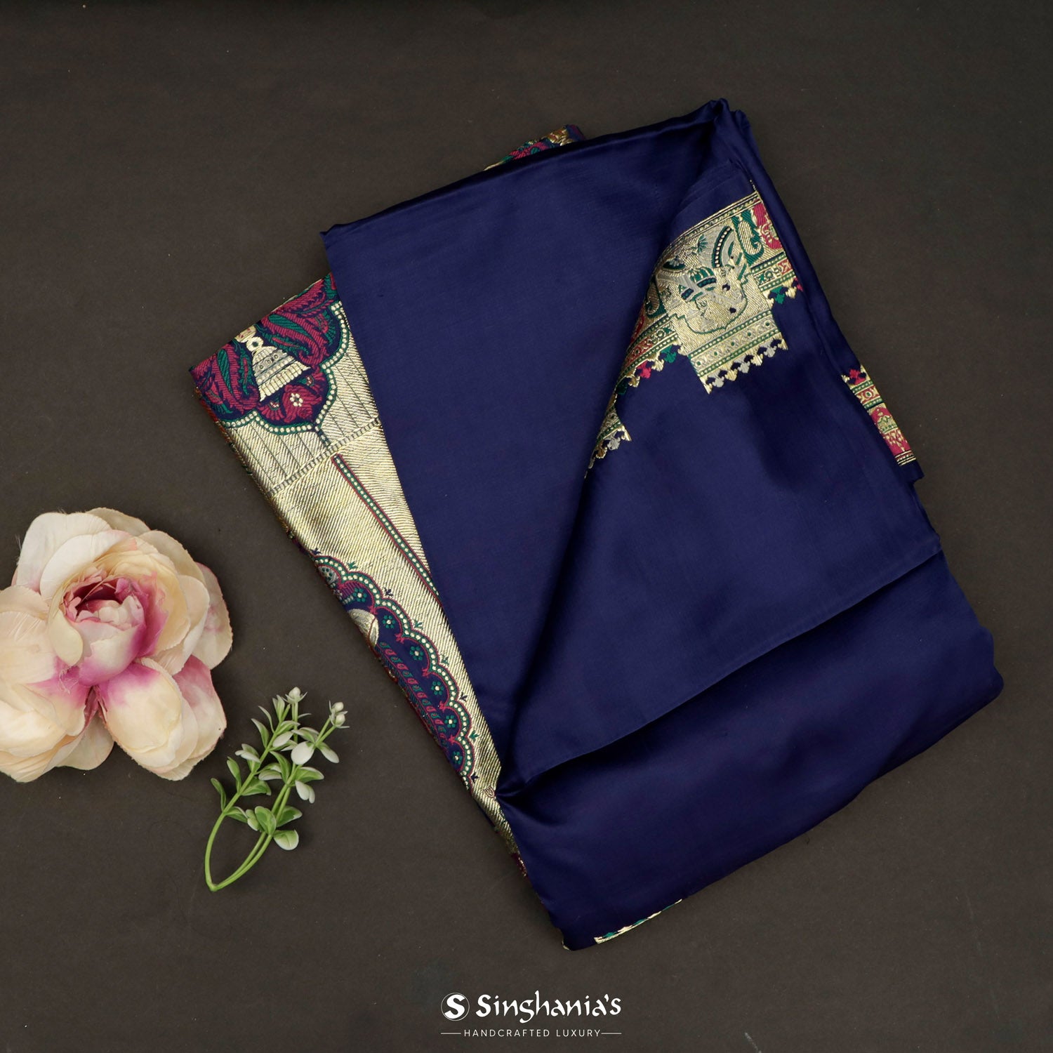 Dark Liberty Blue Plain Silk Saree With Banarasi Weaving