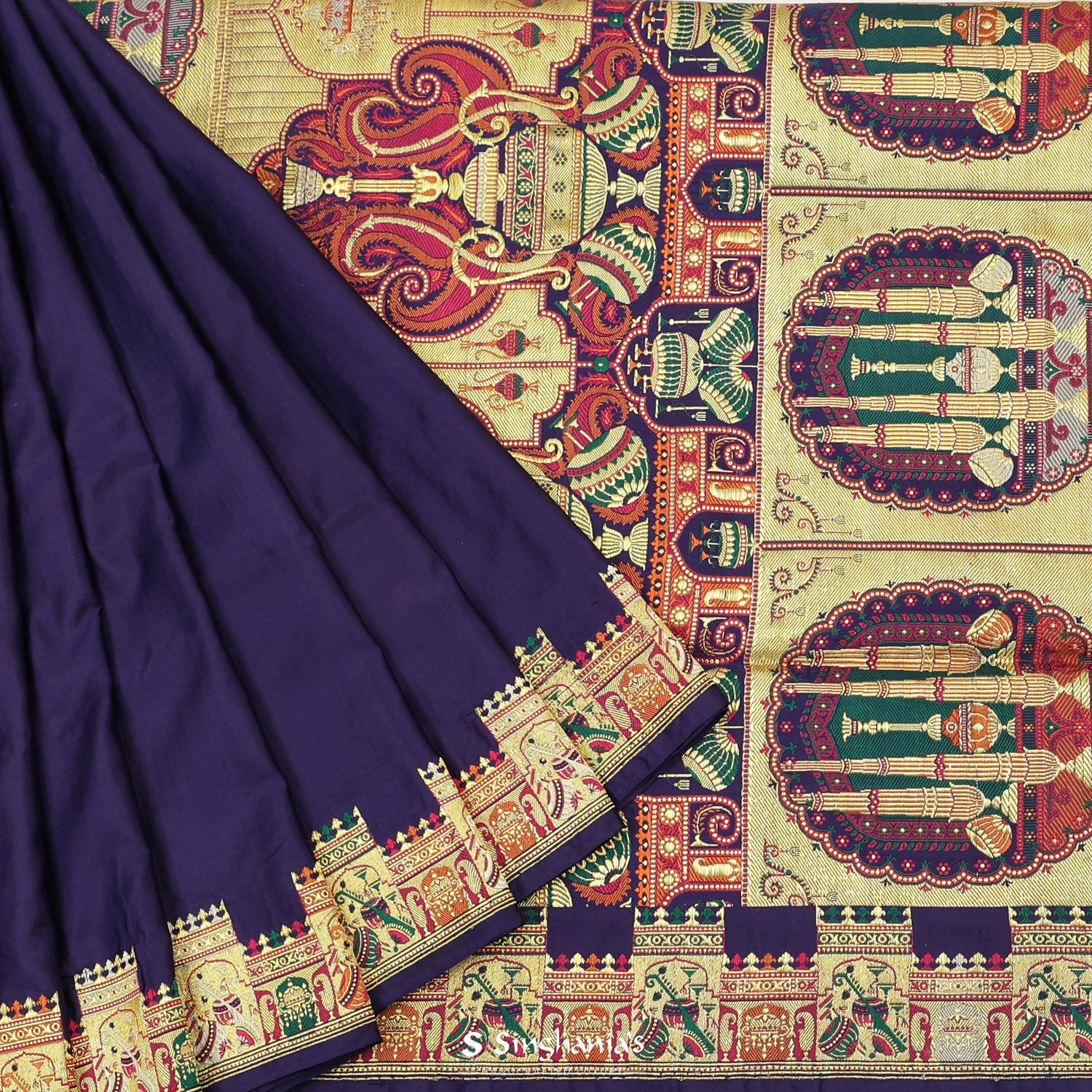 Dark Liberty Blue Plain Silk Saree With Banarasi Weaving