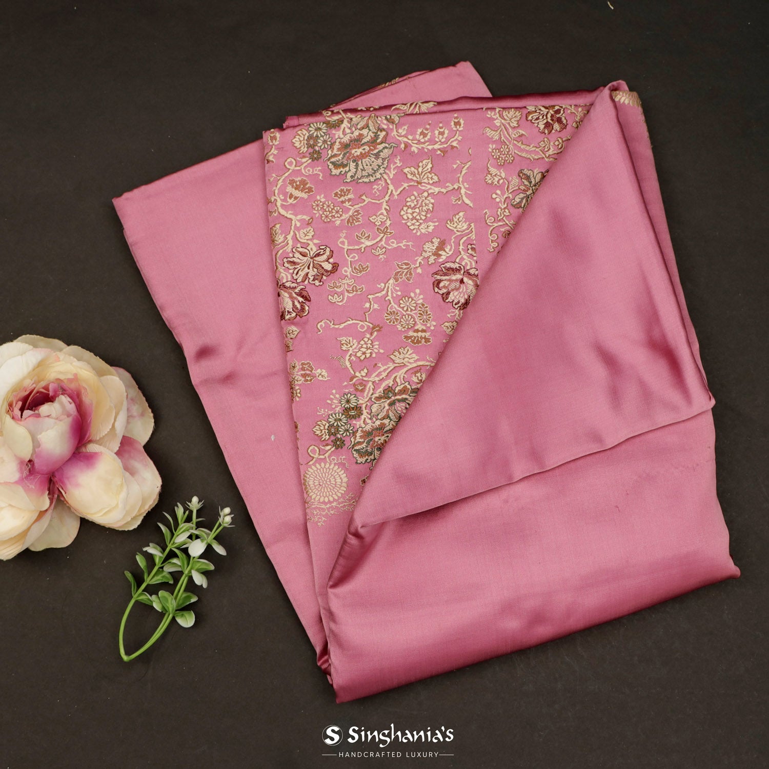 Flamingo Pink Plain Silk Saree With Banarasi Weaving