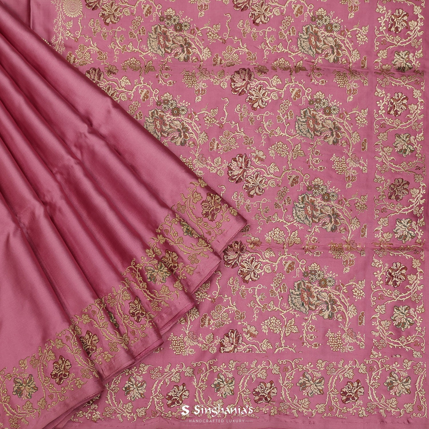 Flamingo Pink Plain Silk Saree With Banarasi Weaving