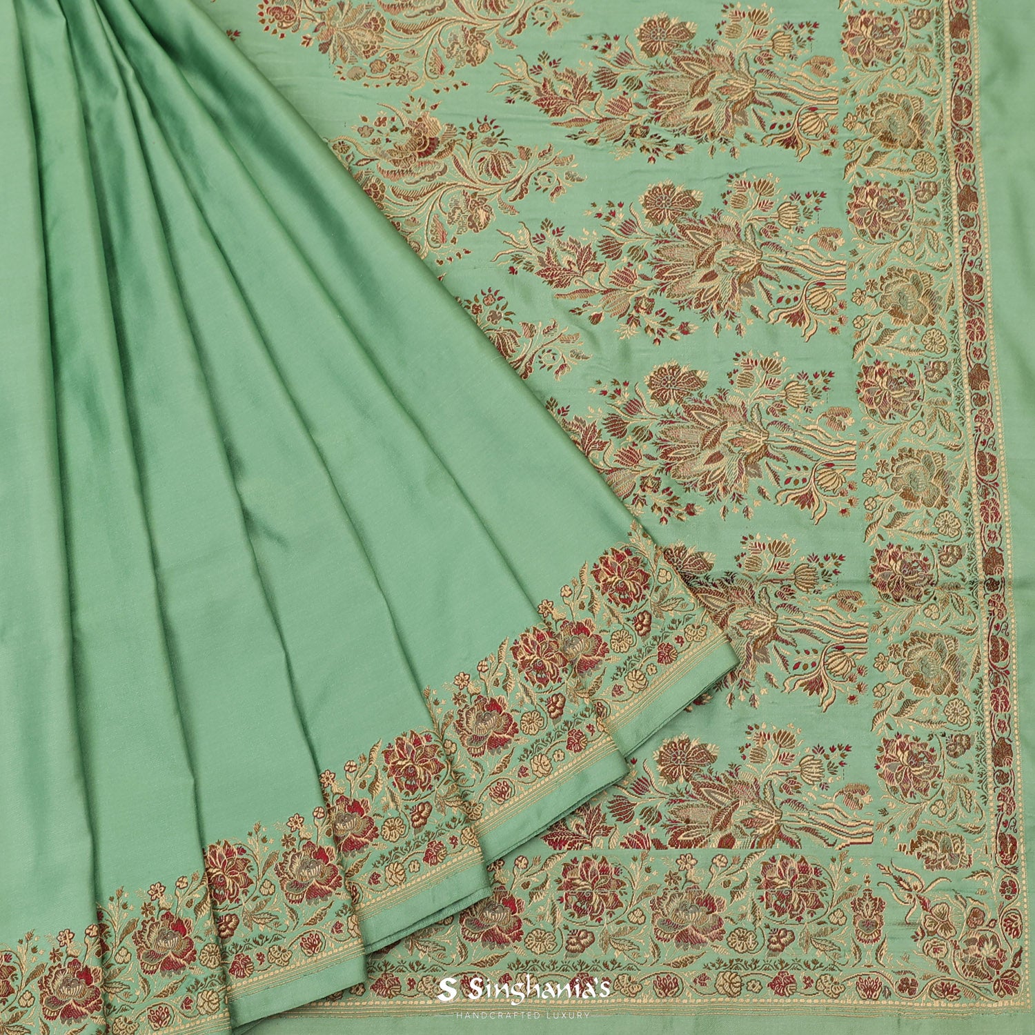 Dark Sea Green Plain Silk Saree With Banarasi Weaving