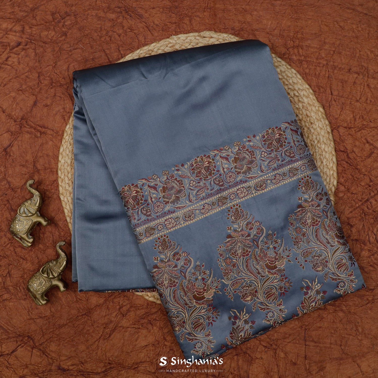 Oxford Gray Plain Banarasi Silk Saree With Meenakari Pallu And Border