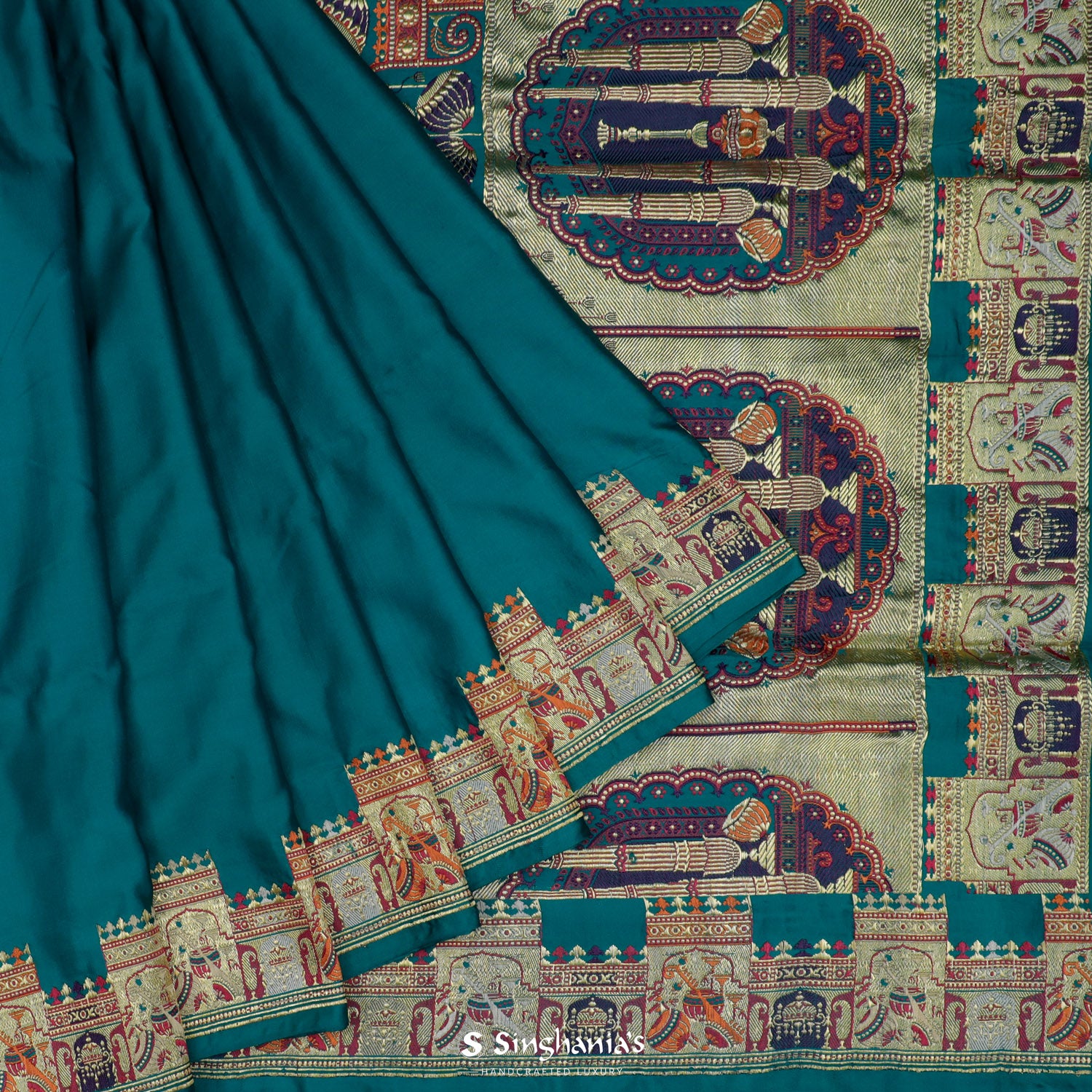Munsell Blue Plain Banarasi Silk Saree With Meenakari Pallu And Border