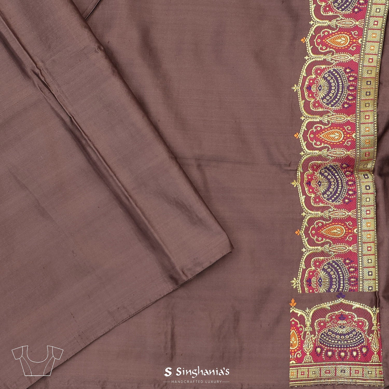 Deep Taupe Plain Silk Saree With Banarasi Weaving