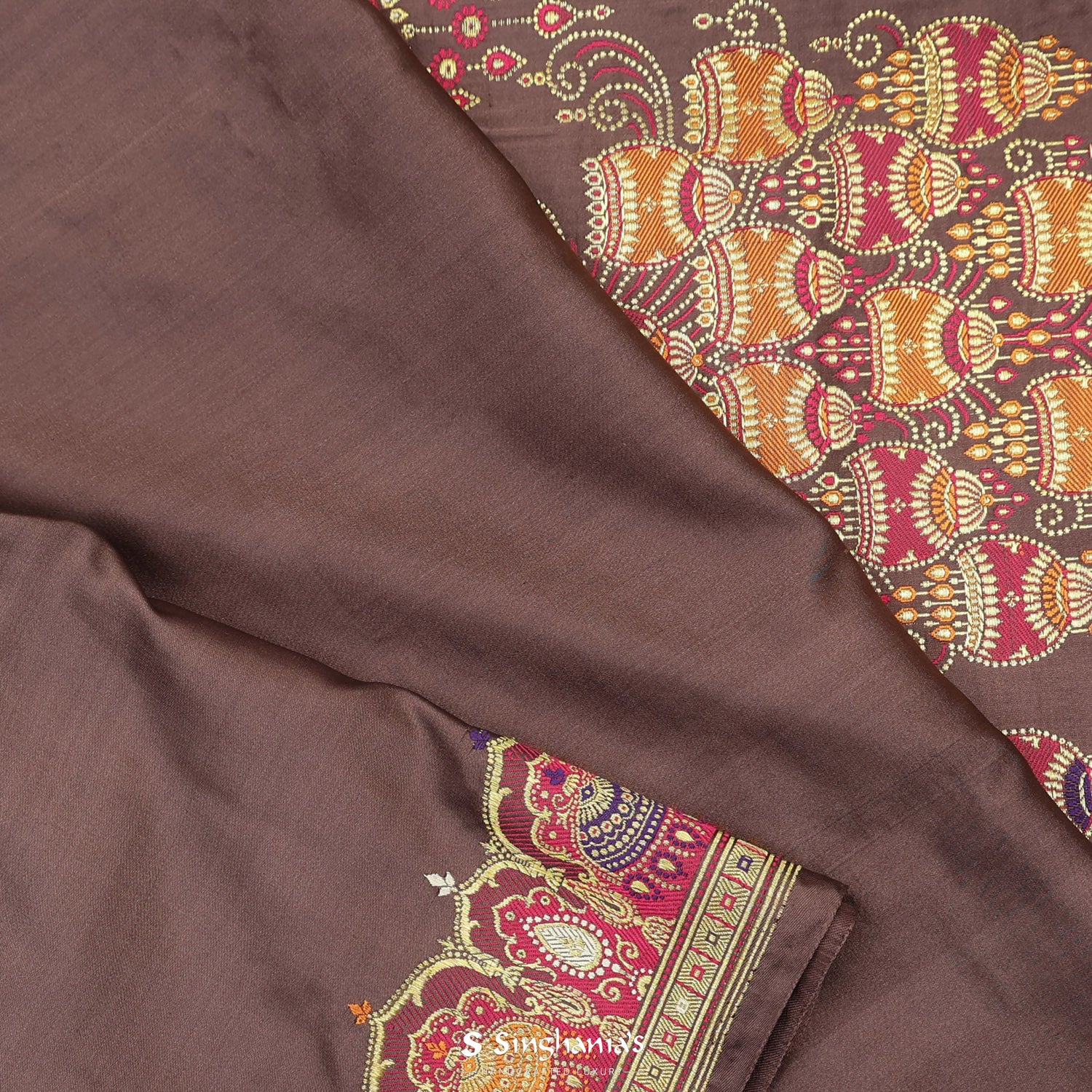 Deep Taupe Plain Silk Saree With Banarasi Weaving