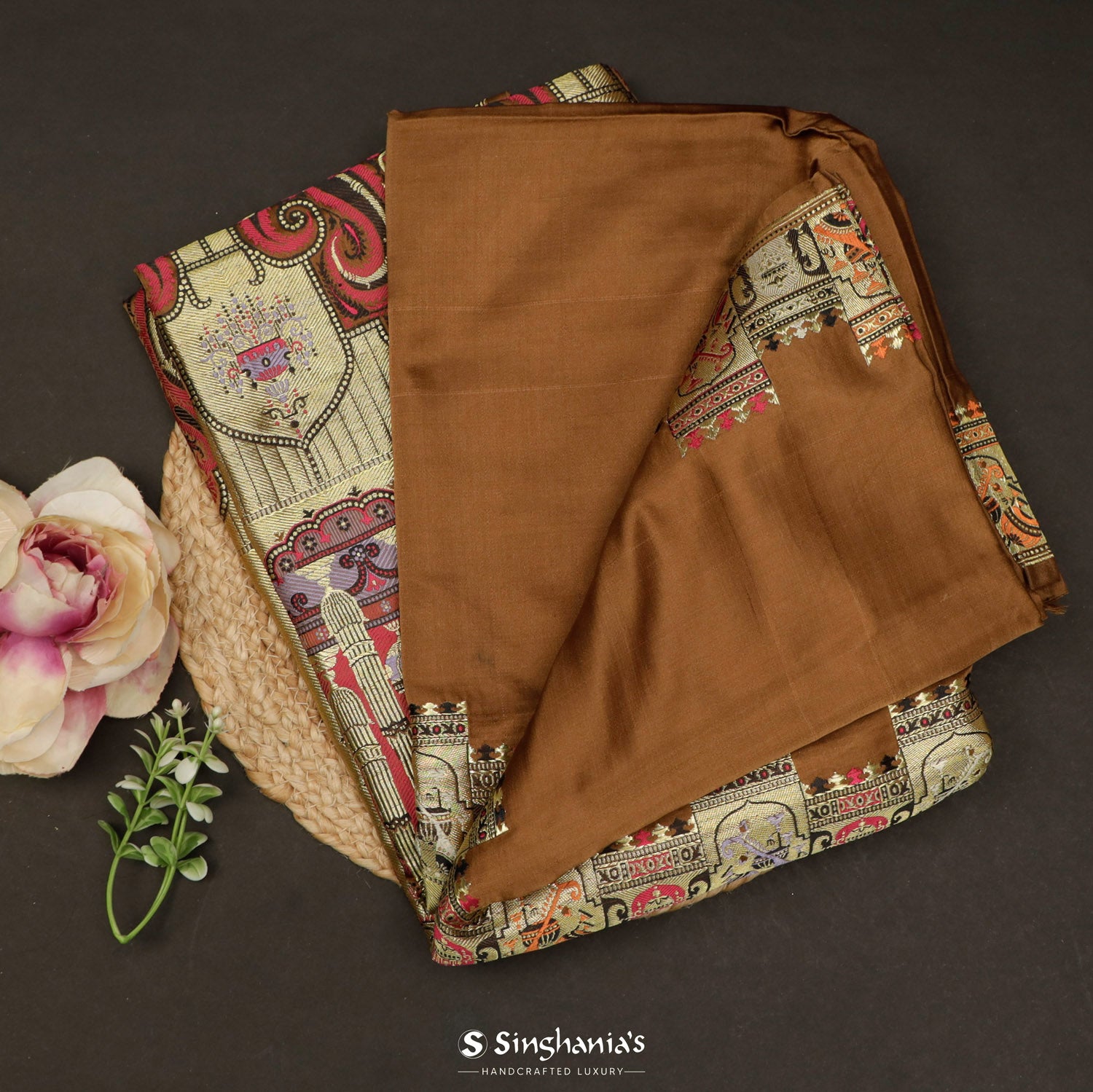 French Beige Plain Silk Saree With Banarasi Weaving