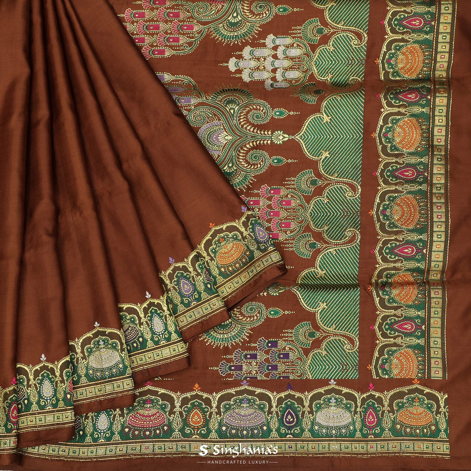 Sienna Brown Plain Silk Saree With Banarasi Weaving