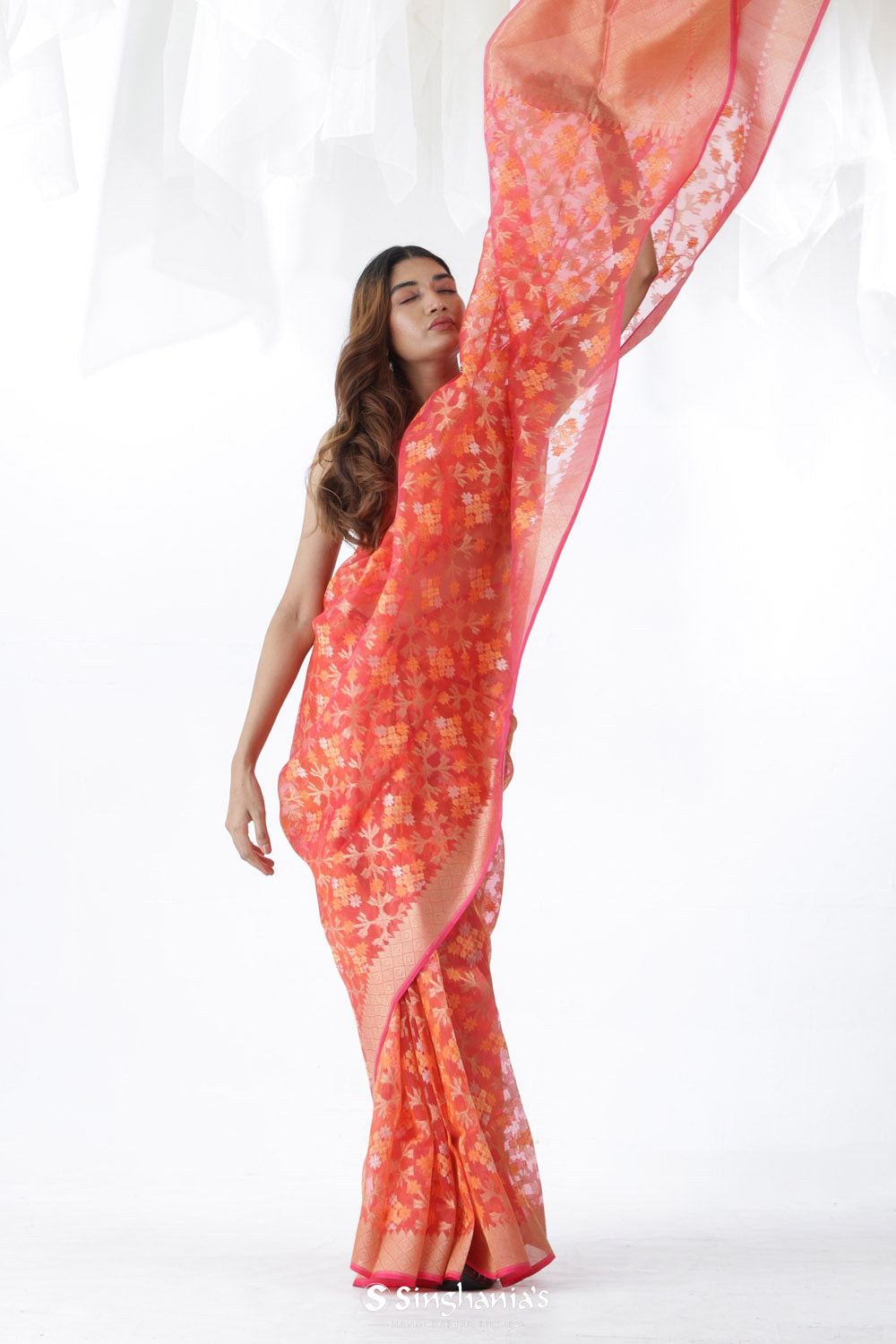 Jasper Red Jamdani Banarasi Silk Saree With Jangla Design