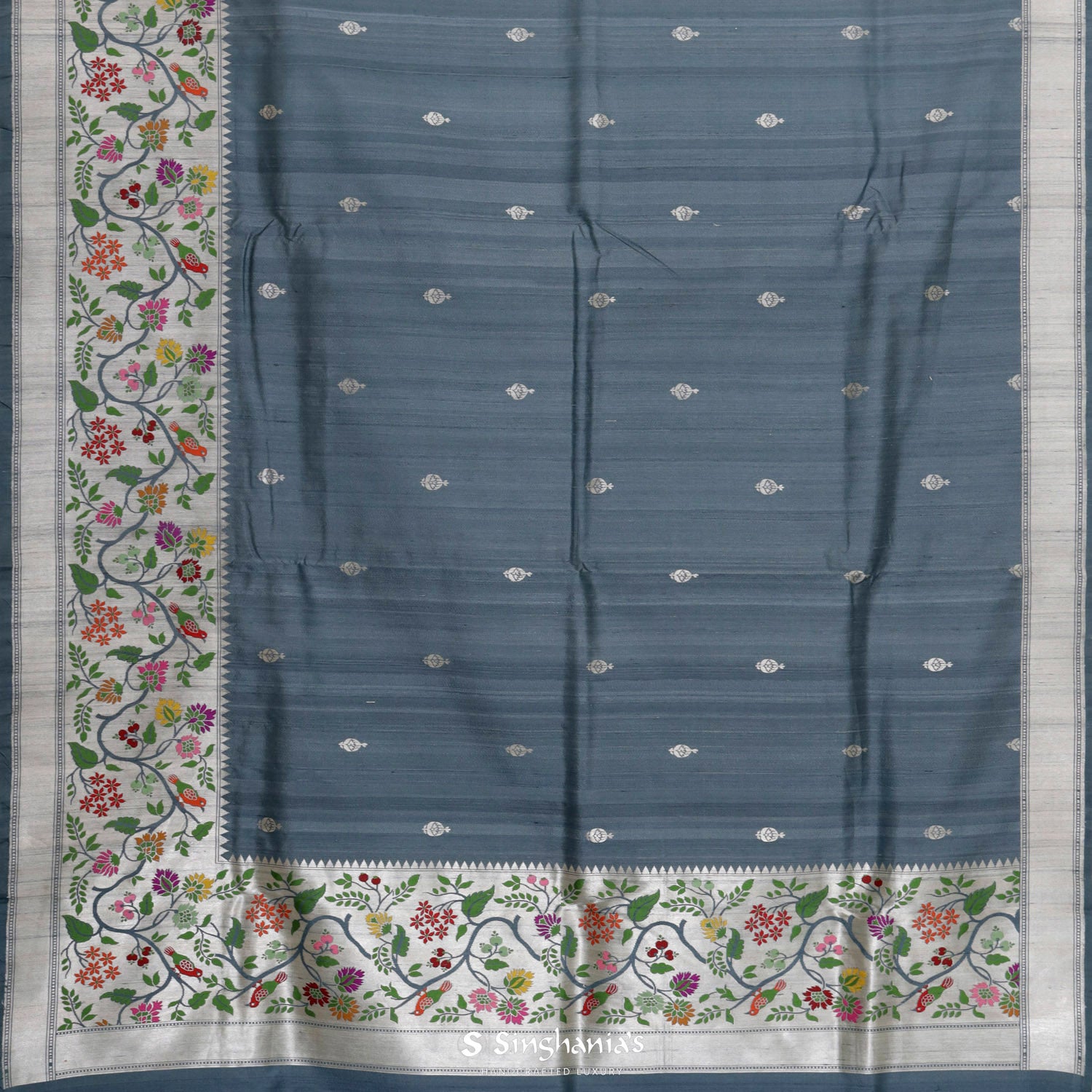 Stormcloud Gray Tussar Saree With Banarasi Weaving