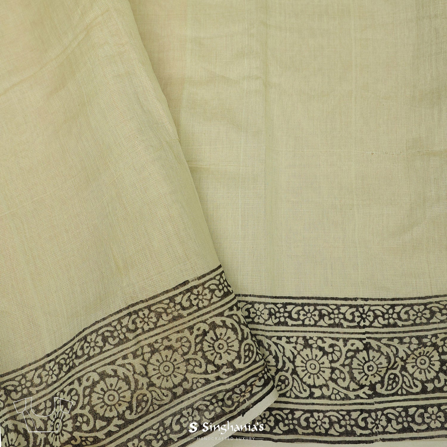 Acadia White Printed Linen Saree With Floral Butti Pattern