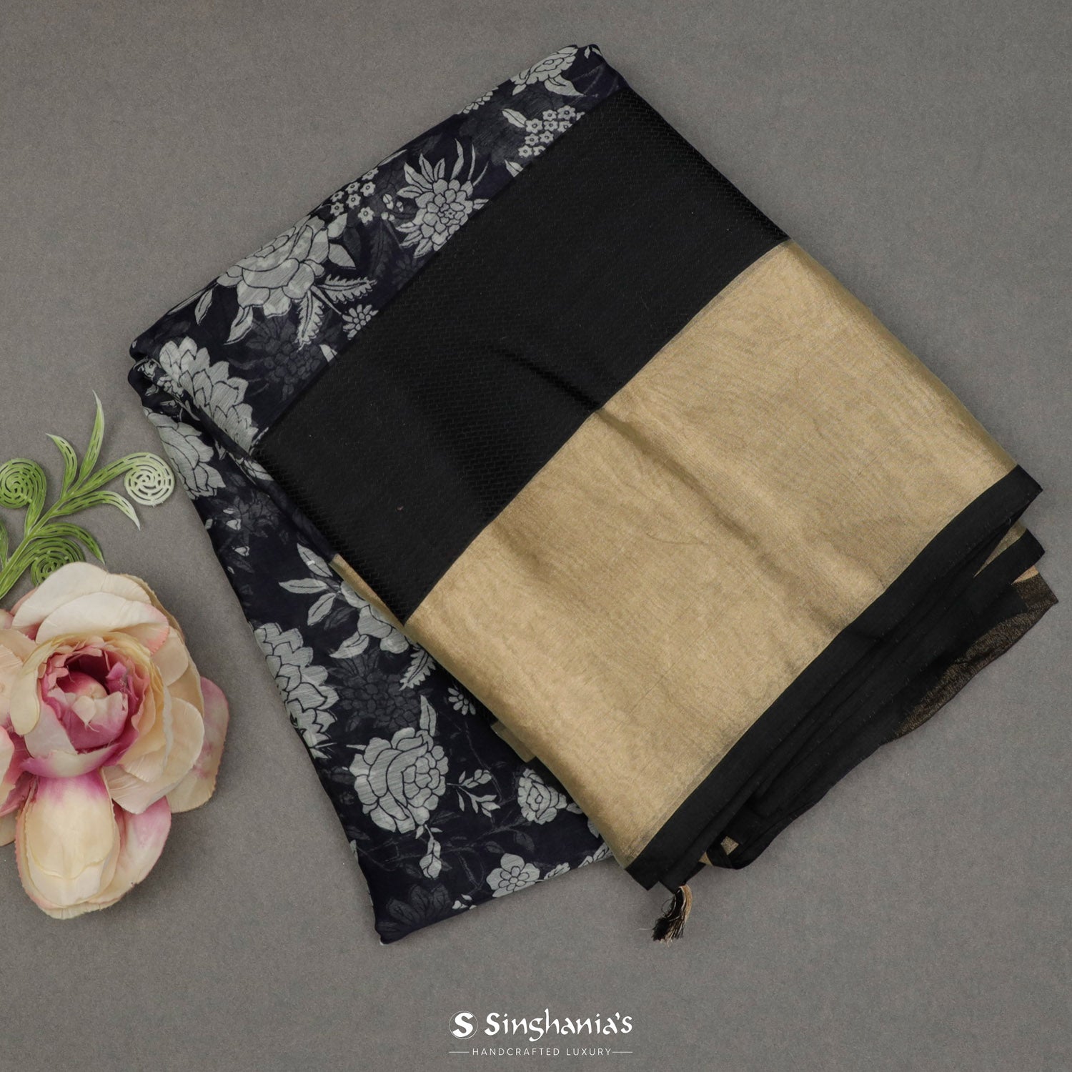 Cool Black Printed Chanderi Saree With Floral Pattern