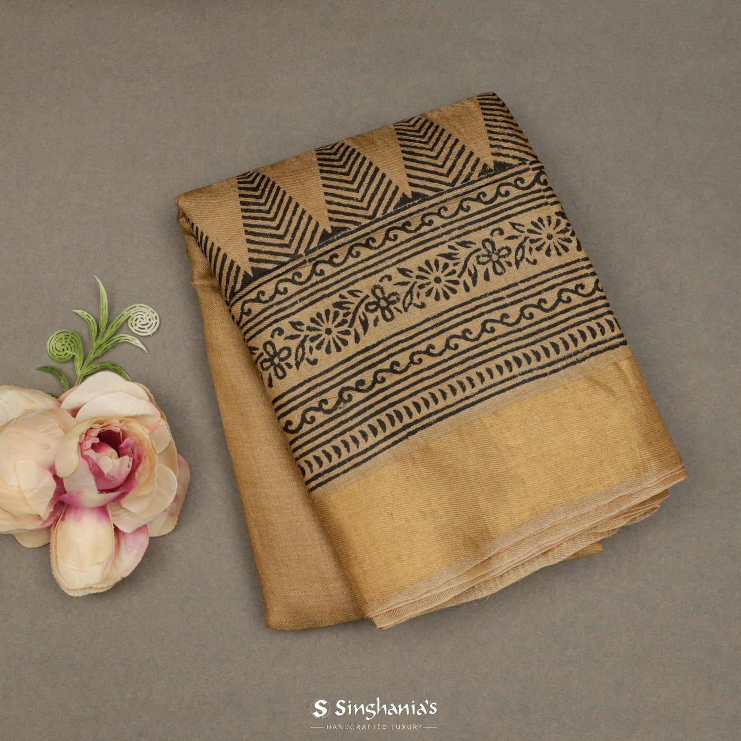 Ginger Ale Brown Printed Tissue Saree With Floral Pattern