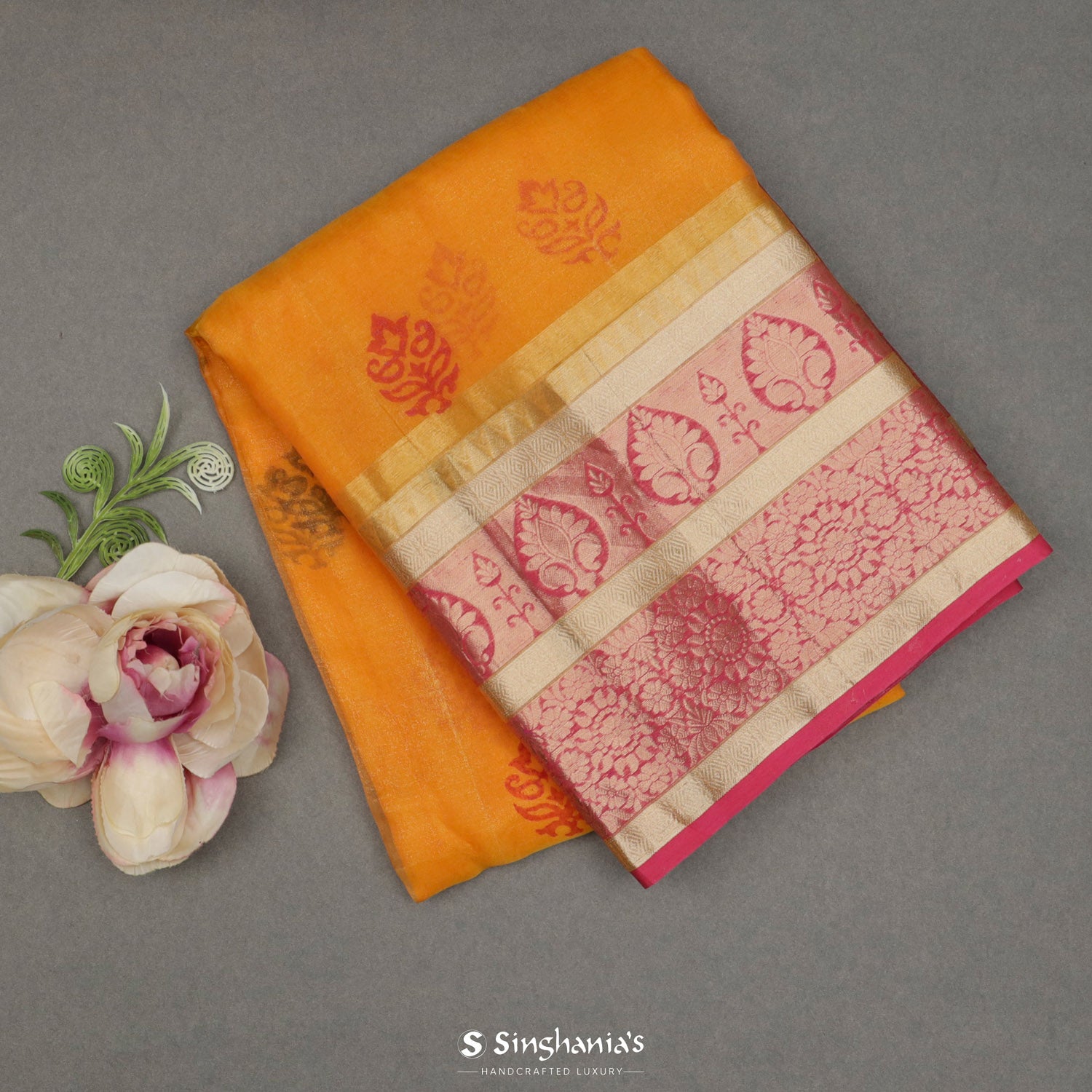 Radiant Yellow Printed Tissue Saree With Floral Butti Pattern