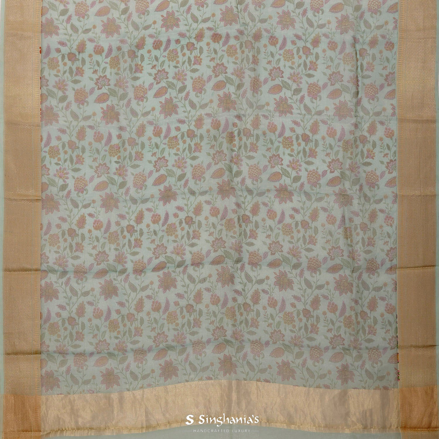 Light Aero Blue Printed Tissue Saree With Floral Pattern