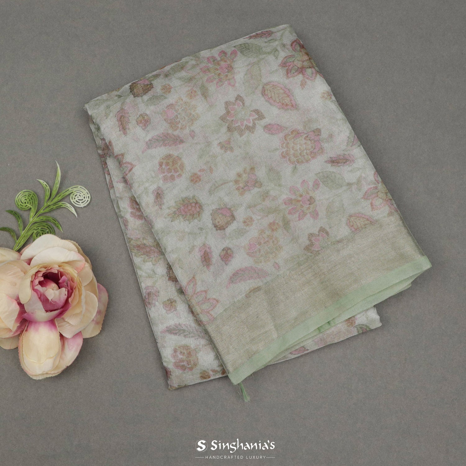 Nyanza Green Printed Tissue Saree With Floral Pattern