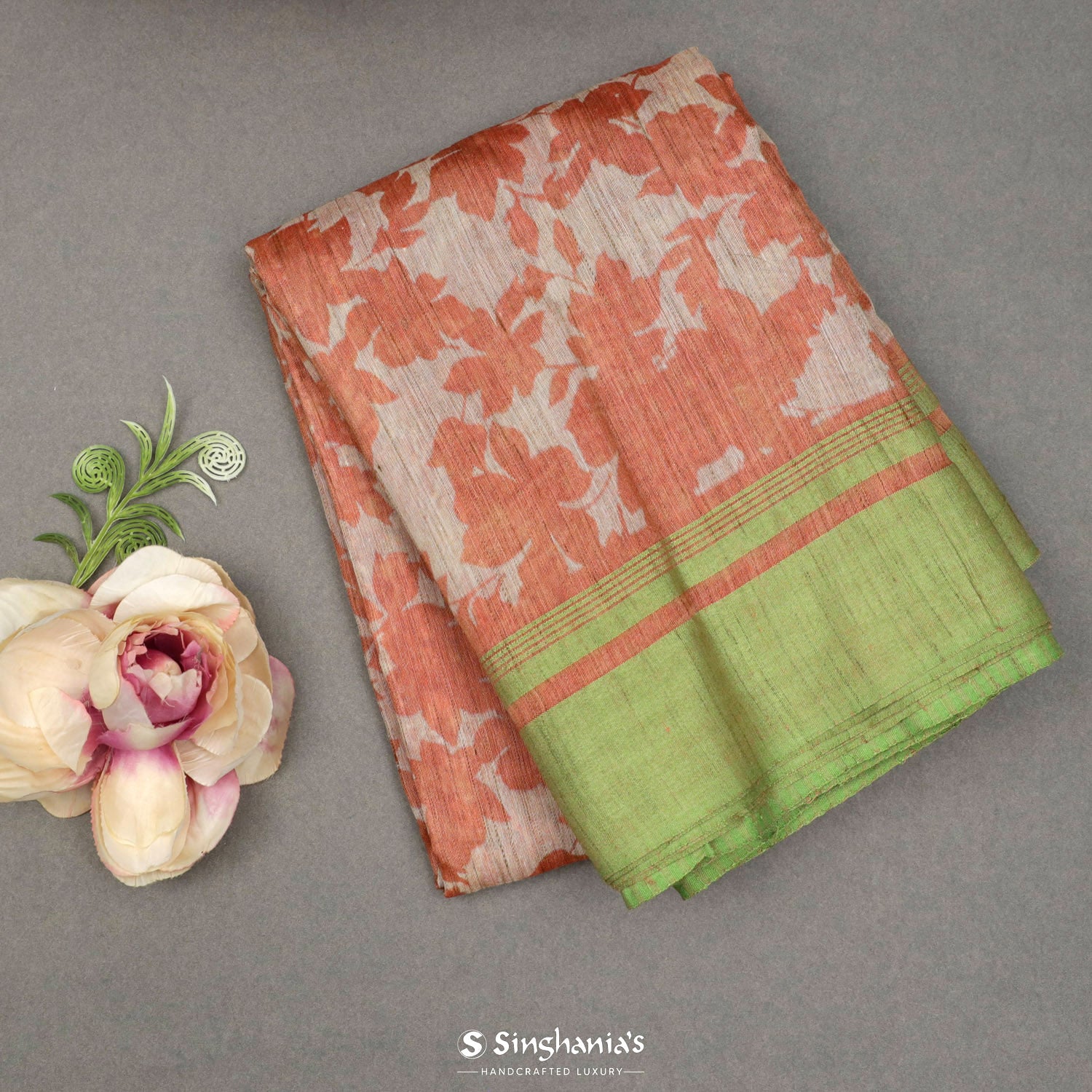 Beige Printed Dupion Saree With Floral Pattern