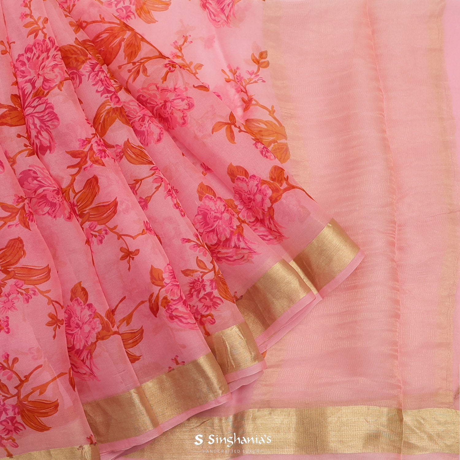 Brink Pink Printed Organza Saree With Floral Pattern