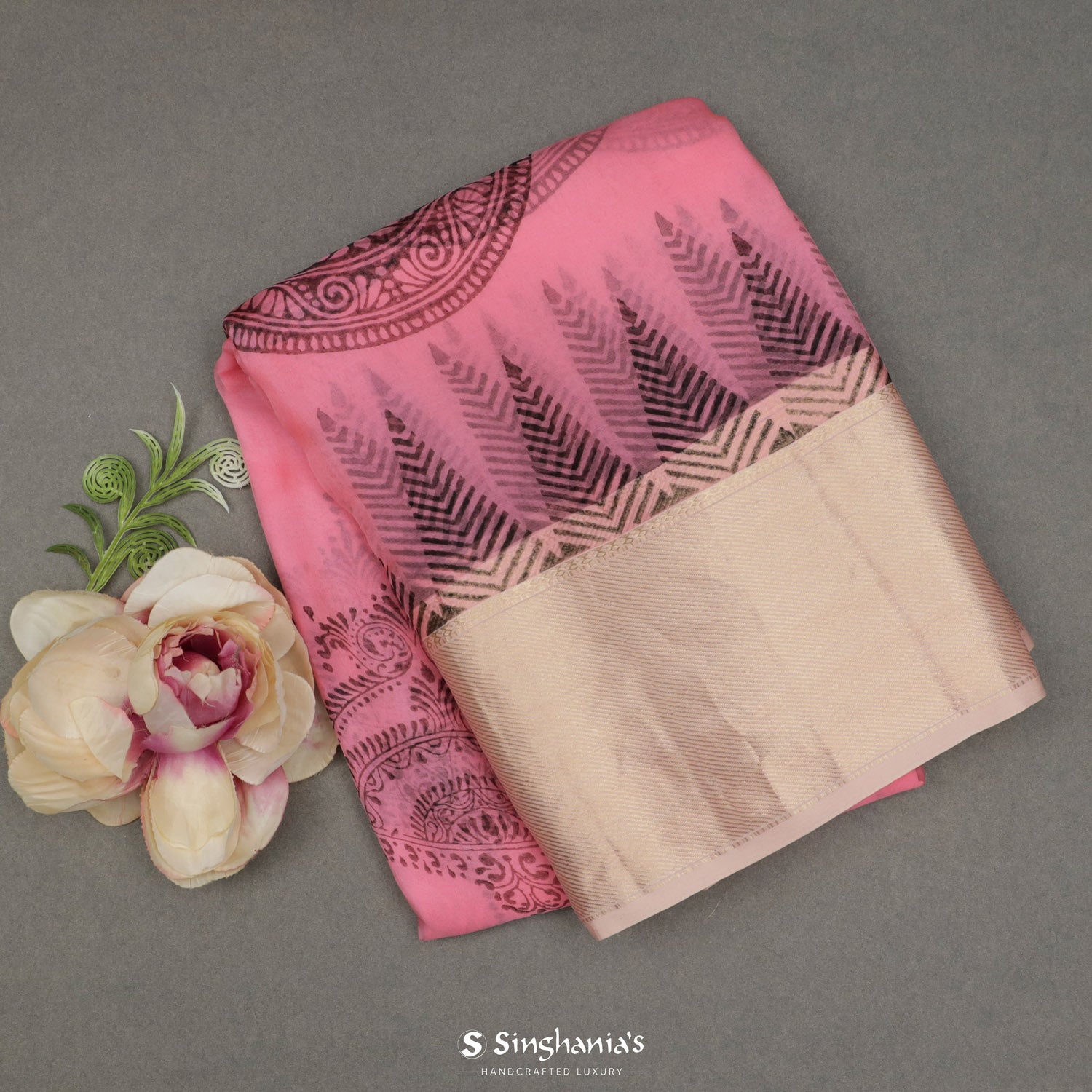 Mauvelous Pink Printed Organza Saree With Maang Tikka Butti Pattern