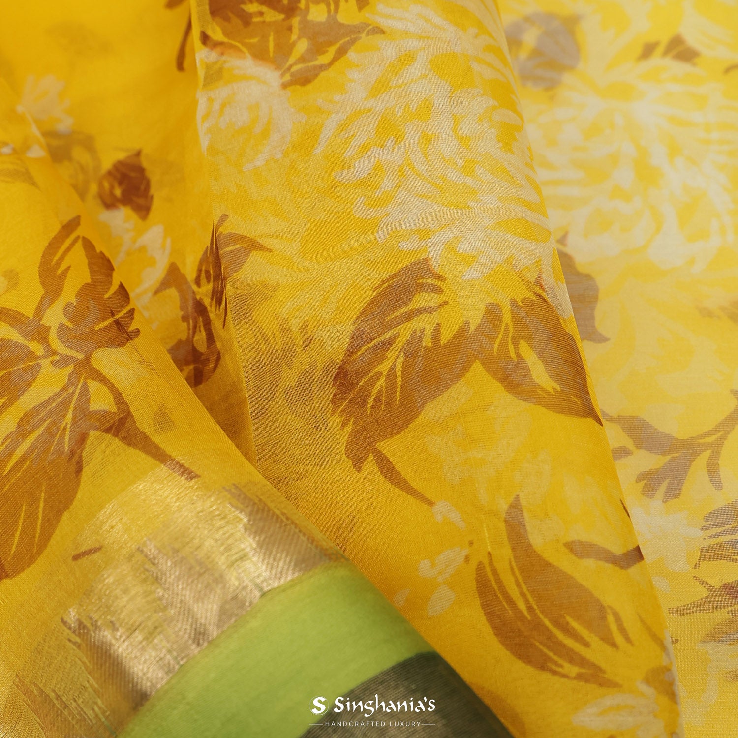 Deep Yellow Printed Organza Saree With Floral Pattern