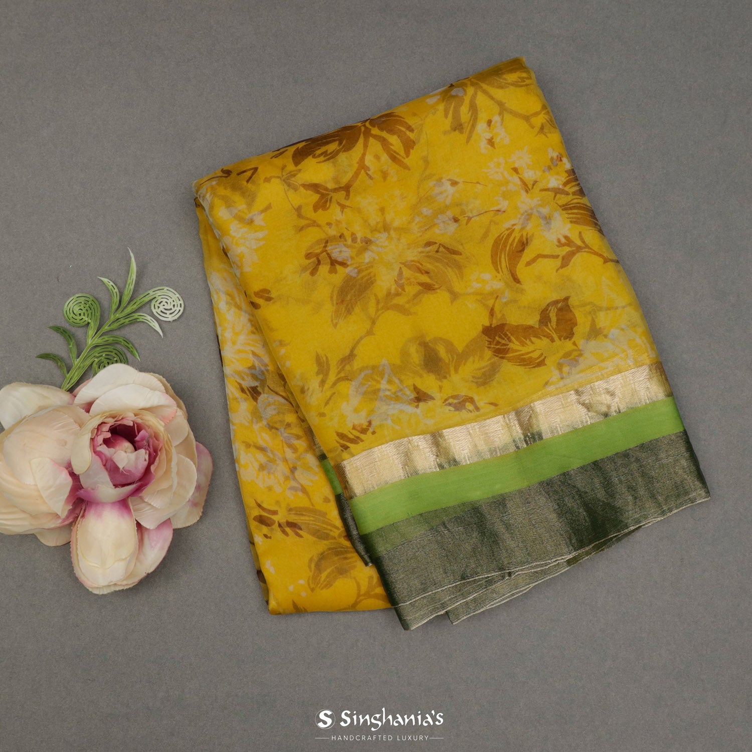 Deep Yellow Printed Organza Saree With Floral Pattern