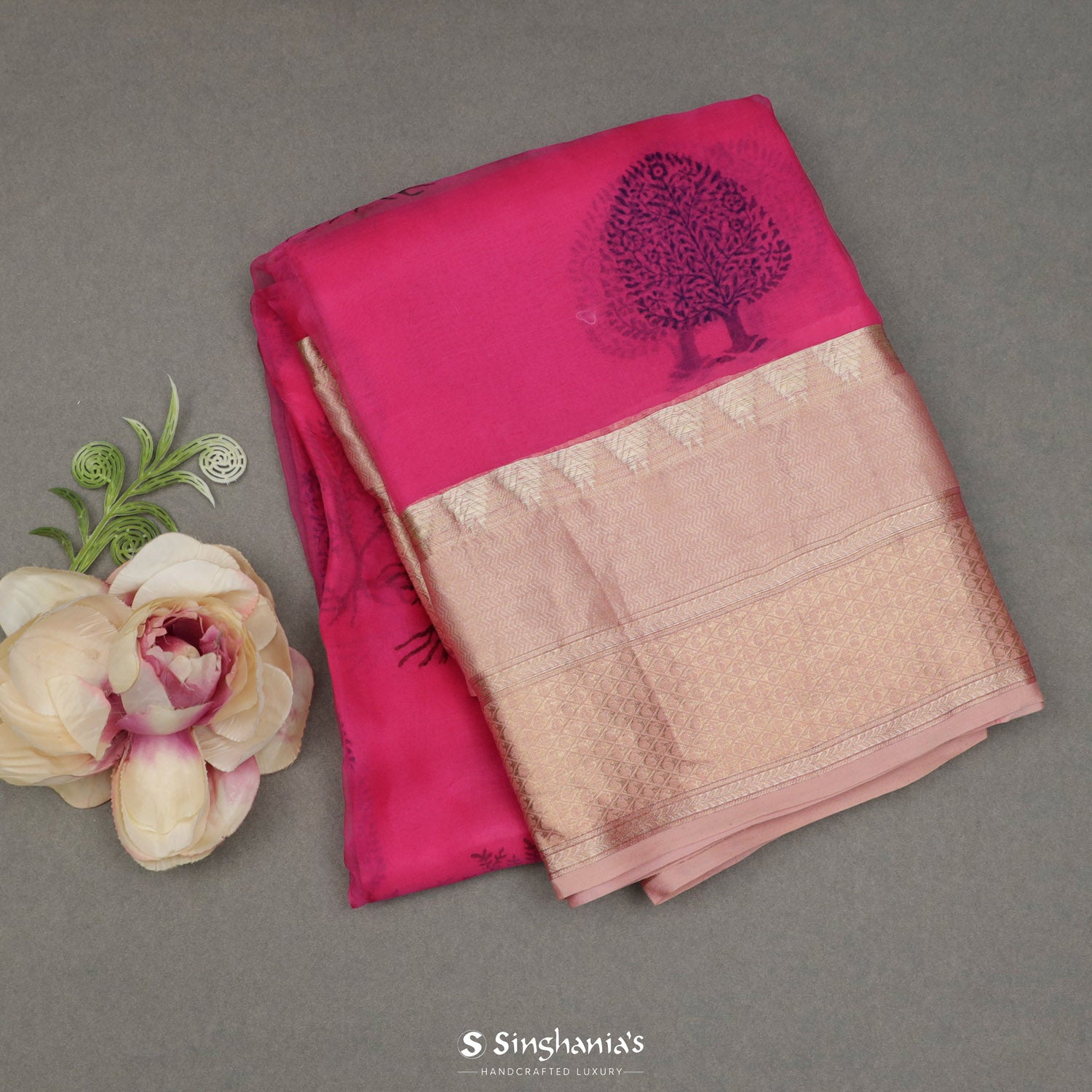 Cerise Pink Printed Organza Saree With Floral Butti Pattern