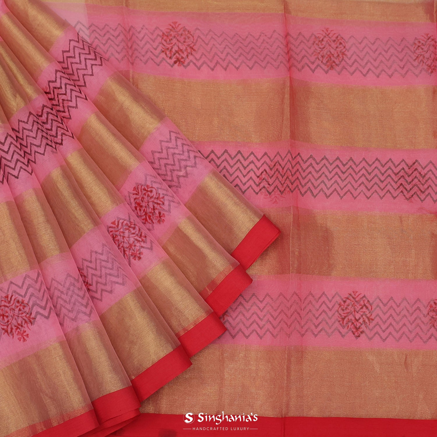 Schauss Pink Printed Organza Saree With Floral Butti Pattern