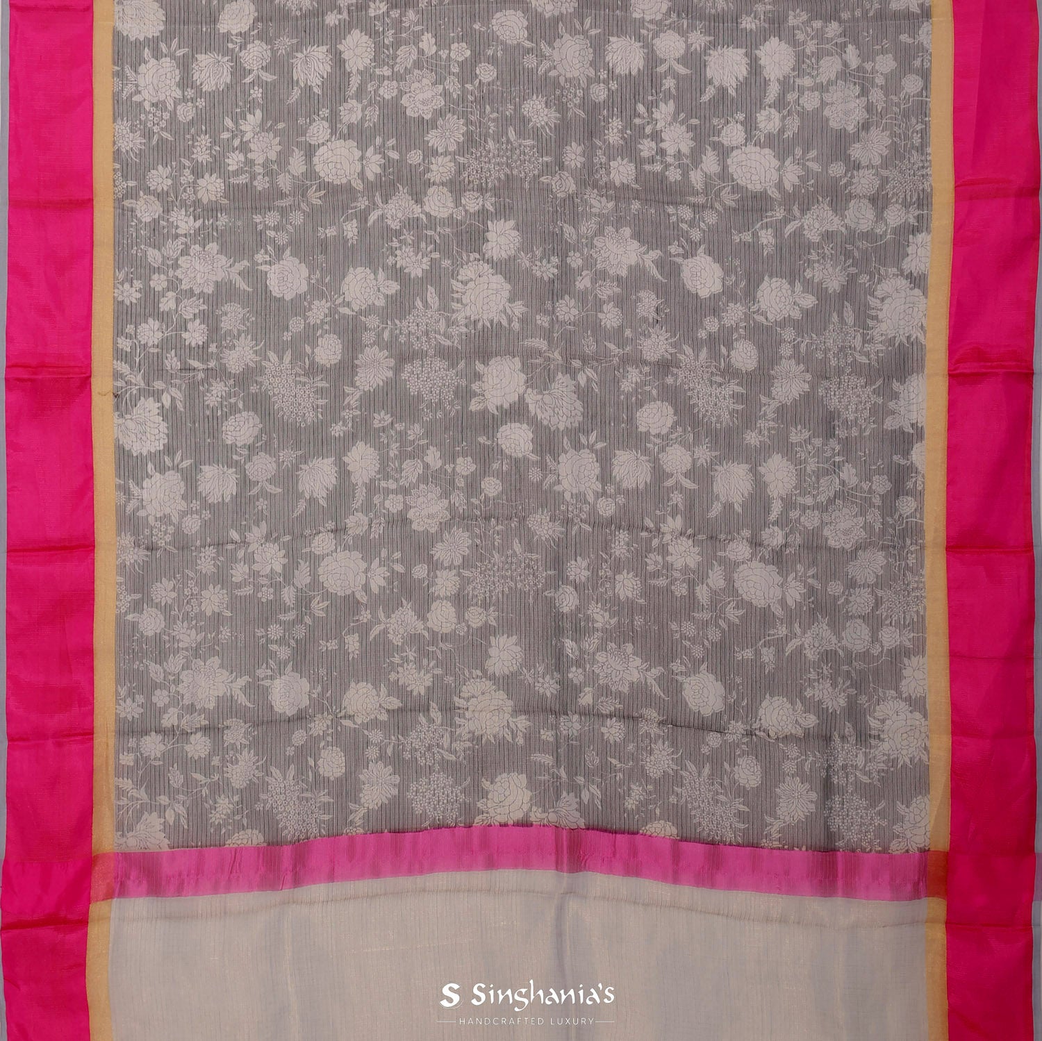 Kurotobi Black Printed Kota Silk Saree With Floral Pattern