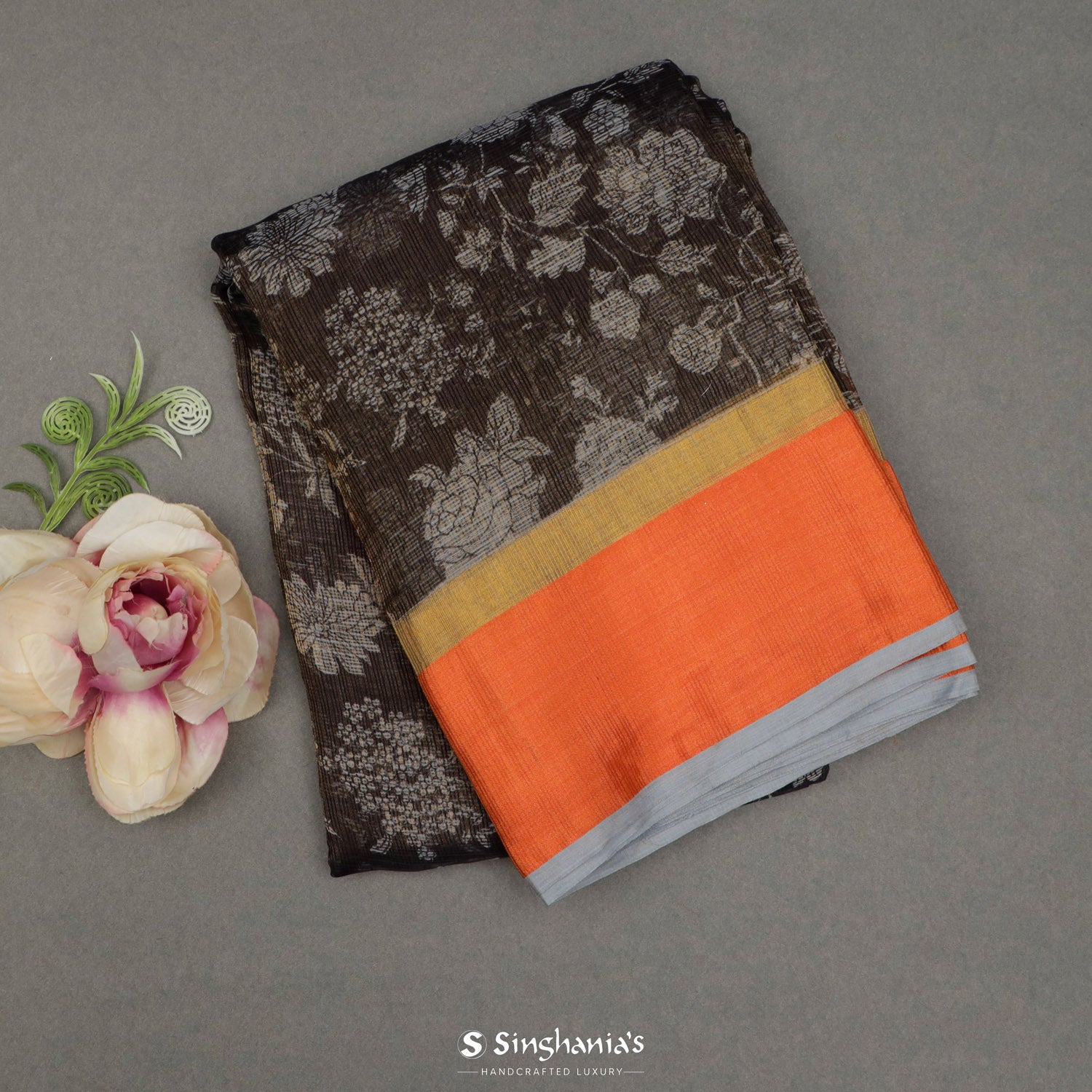 Rose Ebony Black Printed Kota Silk Saree With Floral Pattern