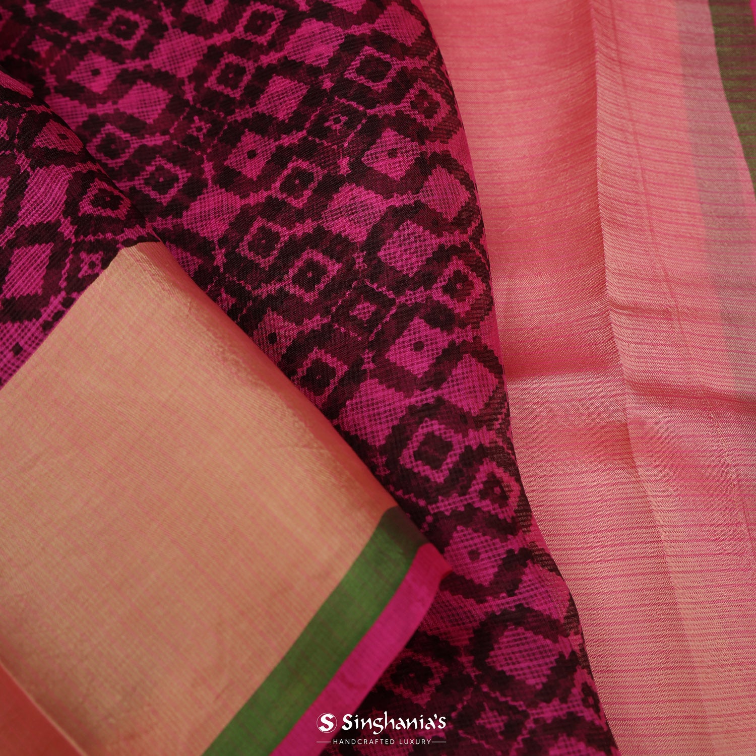 Rani Pink Printed Kota Silk Saree With Geometrical Pattern