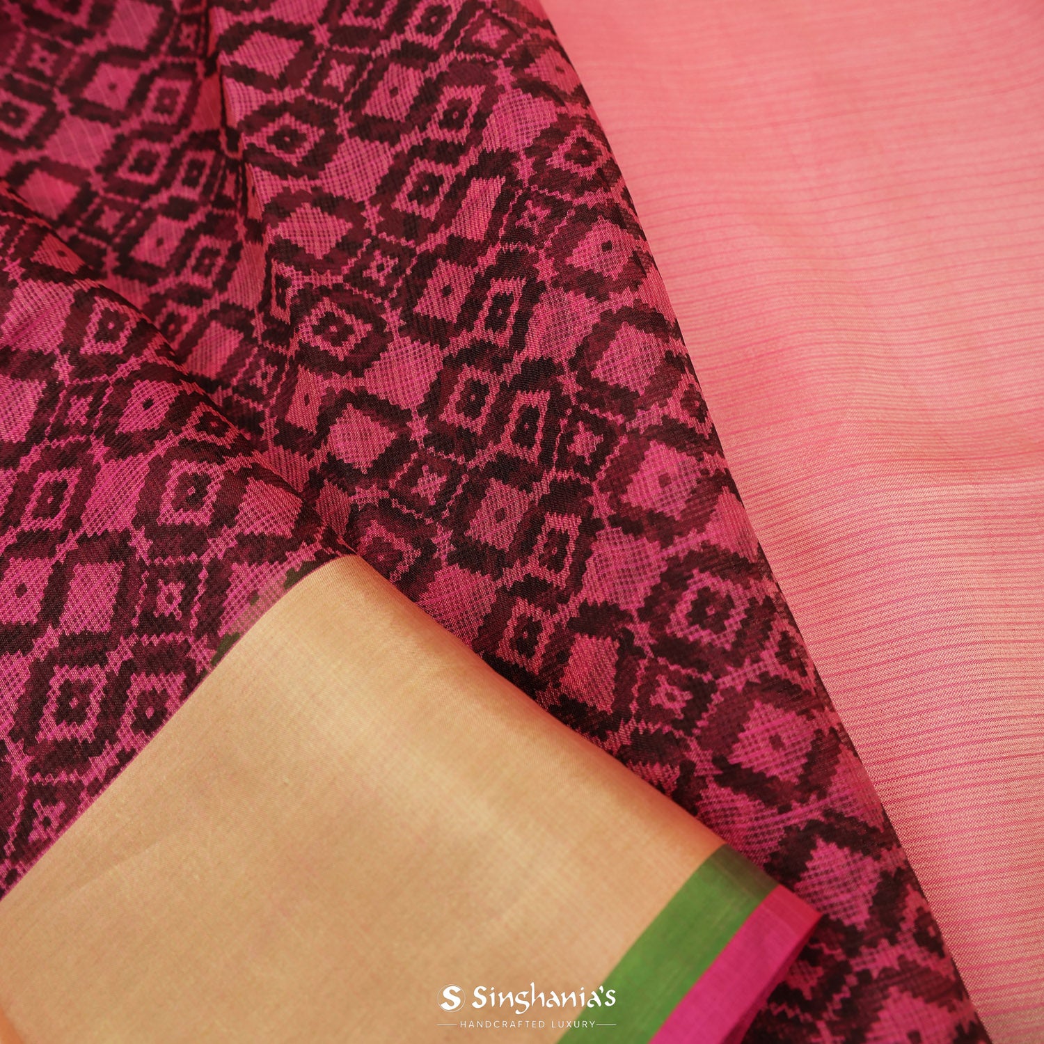 Schauss Pink Printed Kota Silk Saree With Floral Pattern