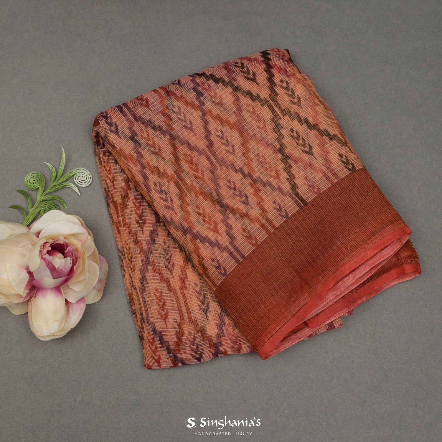 Light Copper Orange Printed Kota Silk Saree With Floral Pattern