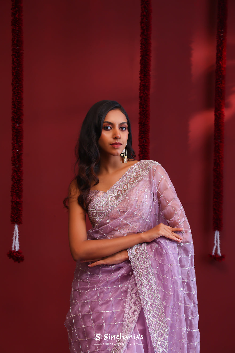 Periwinkle Purple Organza Saree With Hand Embroidery