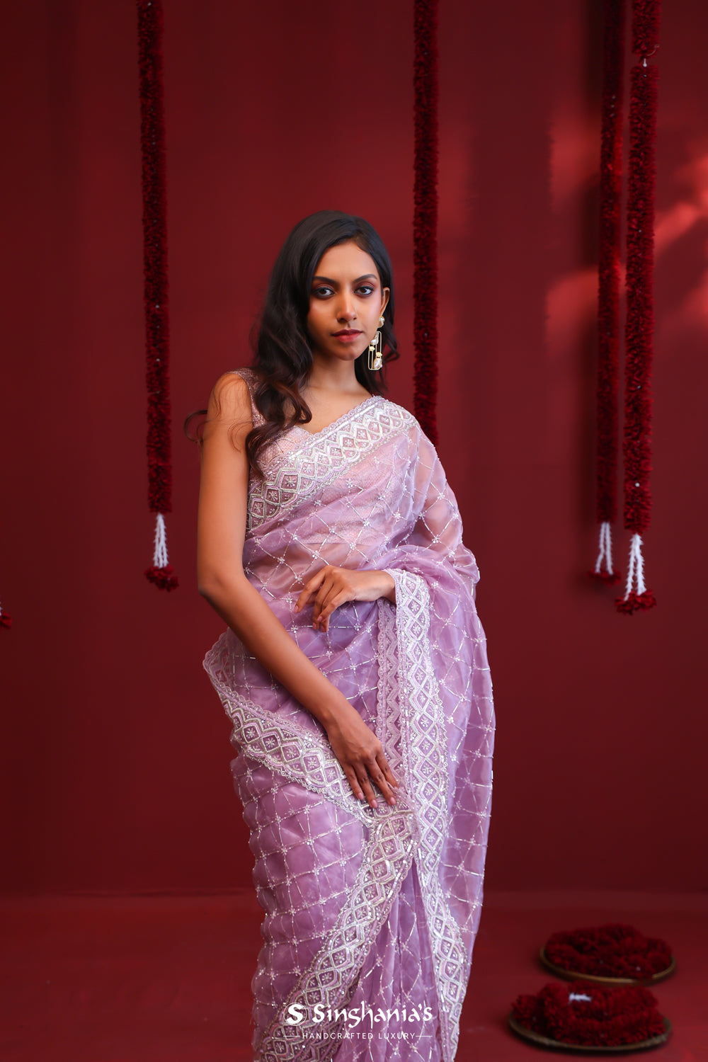 Periwinkle Purple Organza Saree With Hand Embroidery