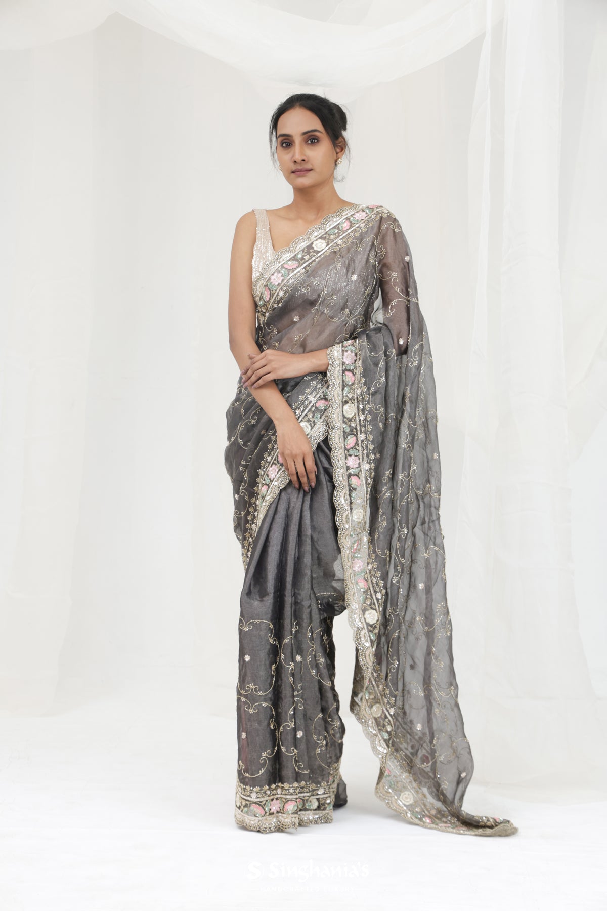 Abbey Black Tissue Saree With Hand Embroidery