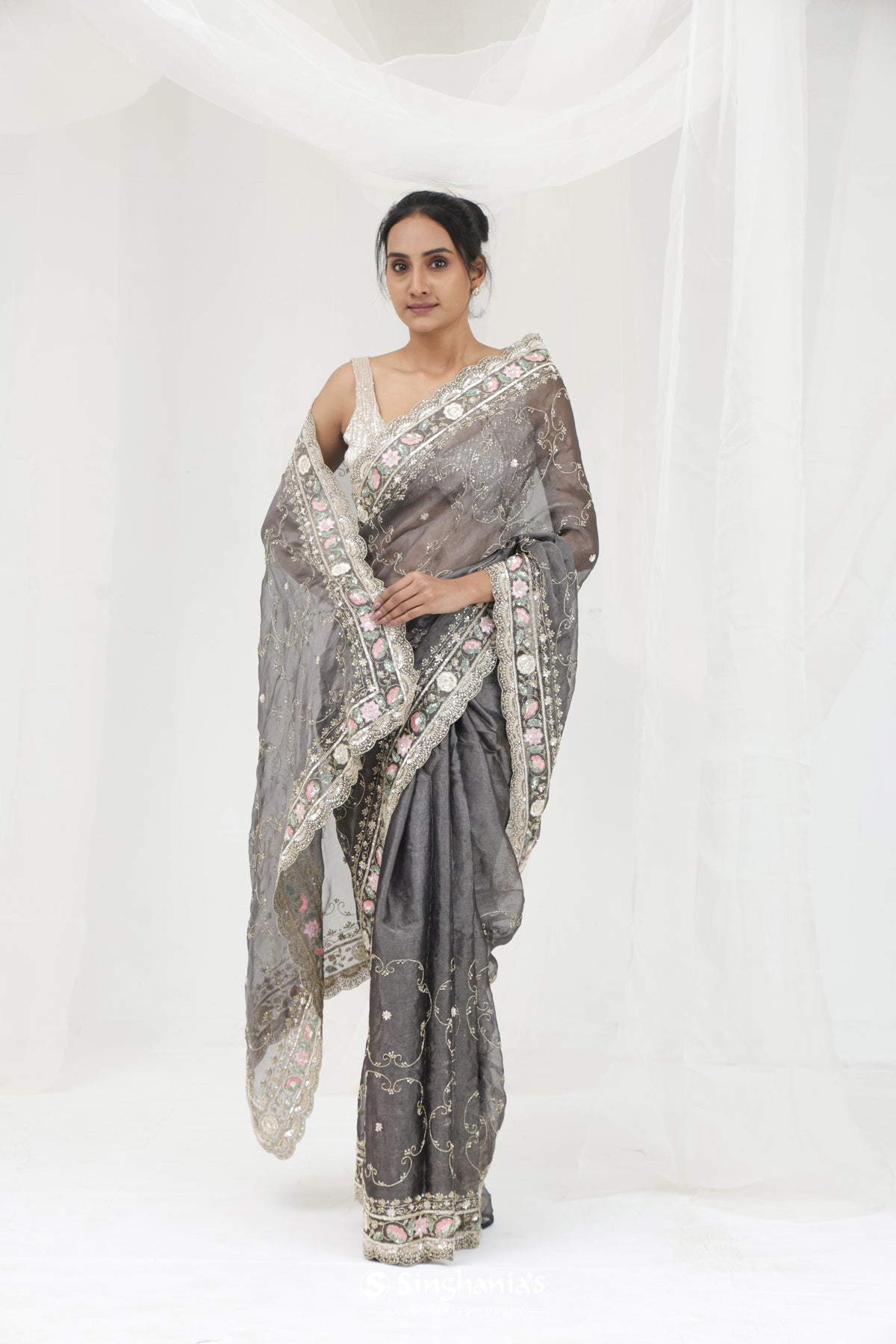 Abbey Black Tissue Saree With Hand Embroidery