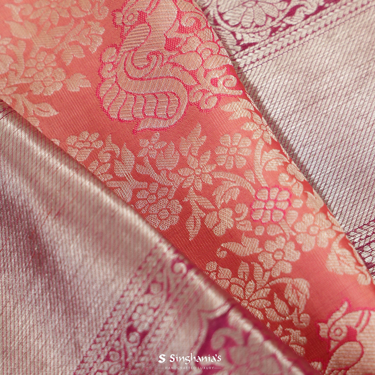 Dark Peach Kanjivaram Silk Saree With Floral Peacock Pattern