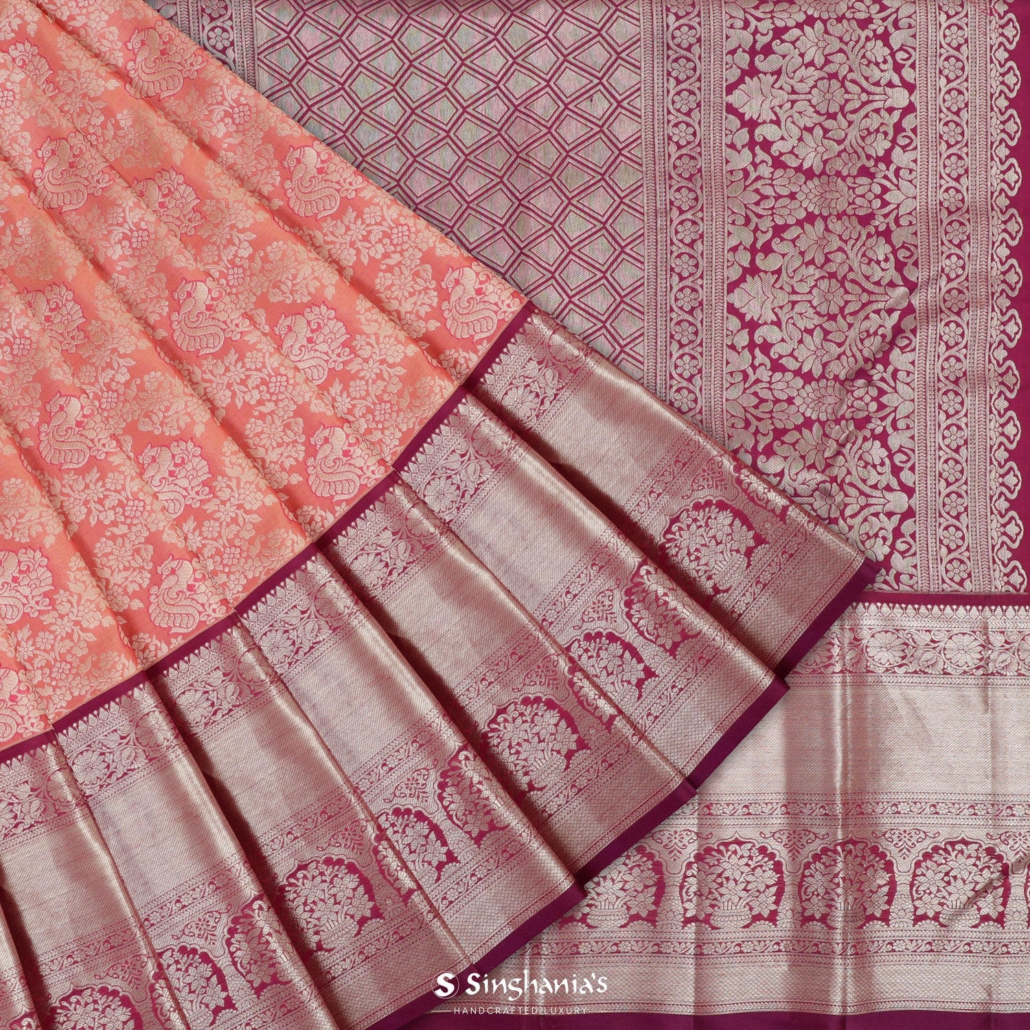 Dark Peach Kanjivaram Silk Saree With Floral Peacock Pattern